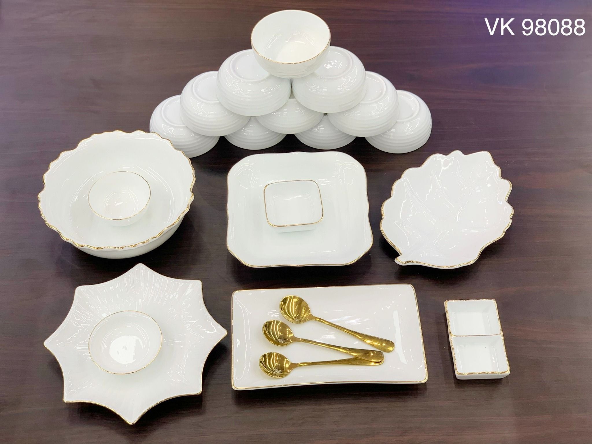 Bộ Bát đĩa Trắng Vẽ Vàng hàng Bát Tràng Cao cấp TĐ
