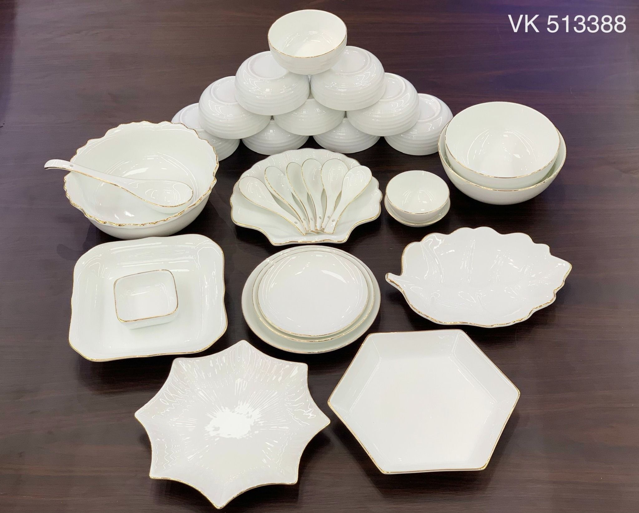 Bộ Bát đĩa Trắng Vẽ Vàng hàng Bát Tràng Cao cấp TĐ