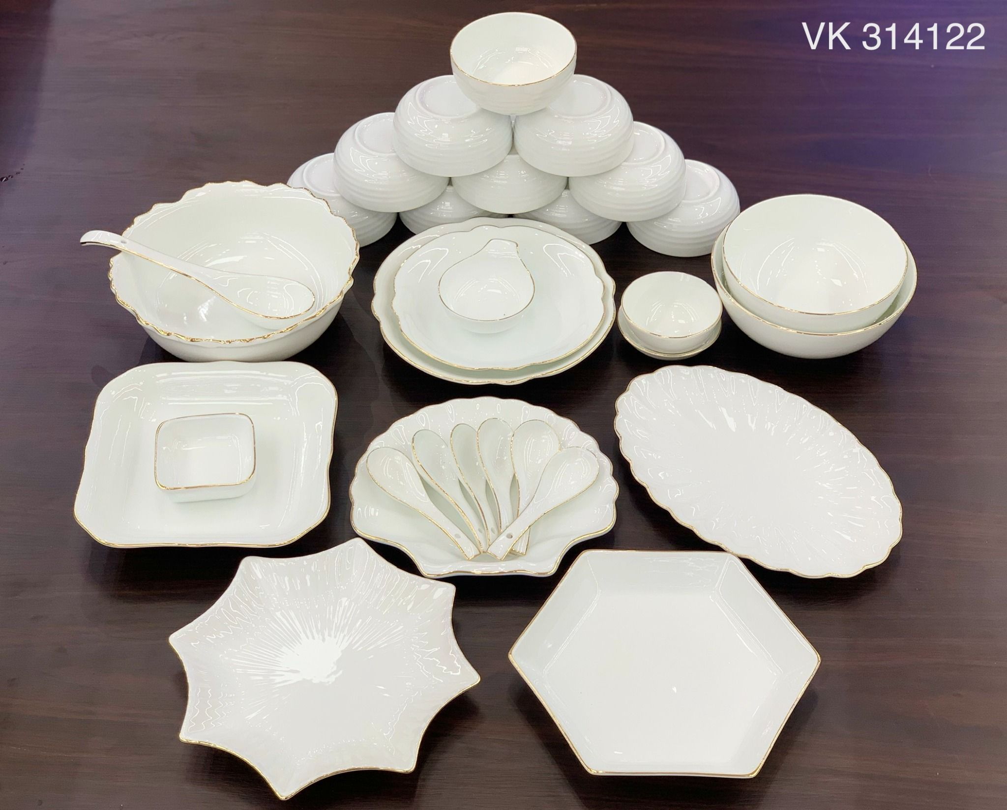 Bộ Bát đĩa Trắng Vẽ Vàng hàng Bát Tràng Cao cấp TĐ