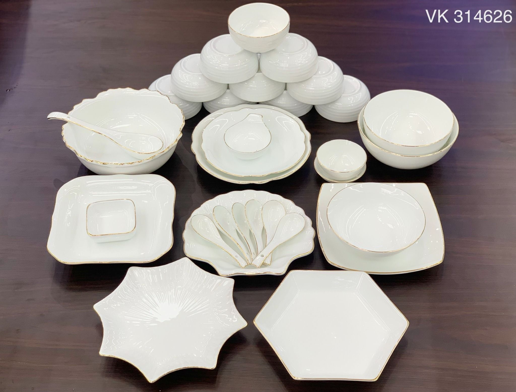 Bộ Bát đĩa Trắng Vẽ Vàng hàng Bát Tràng Cao cấp TĐ