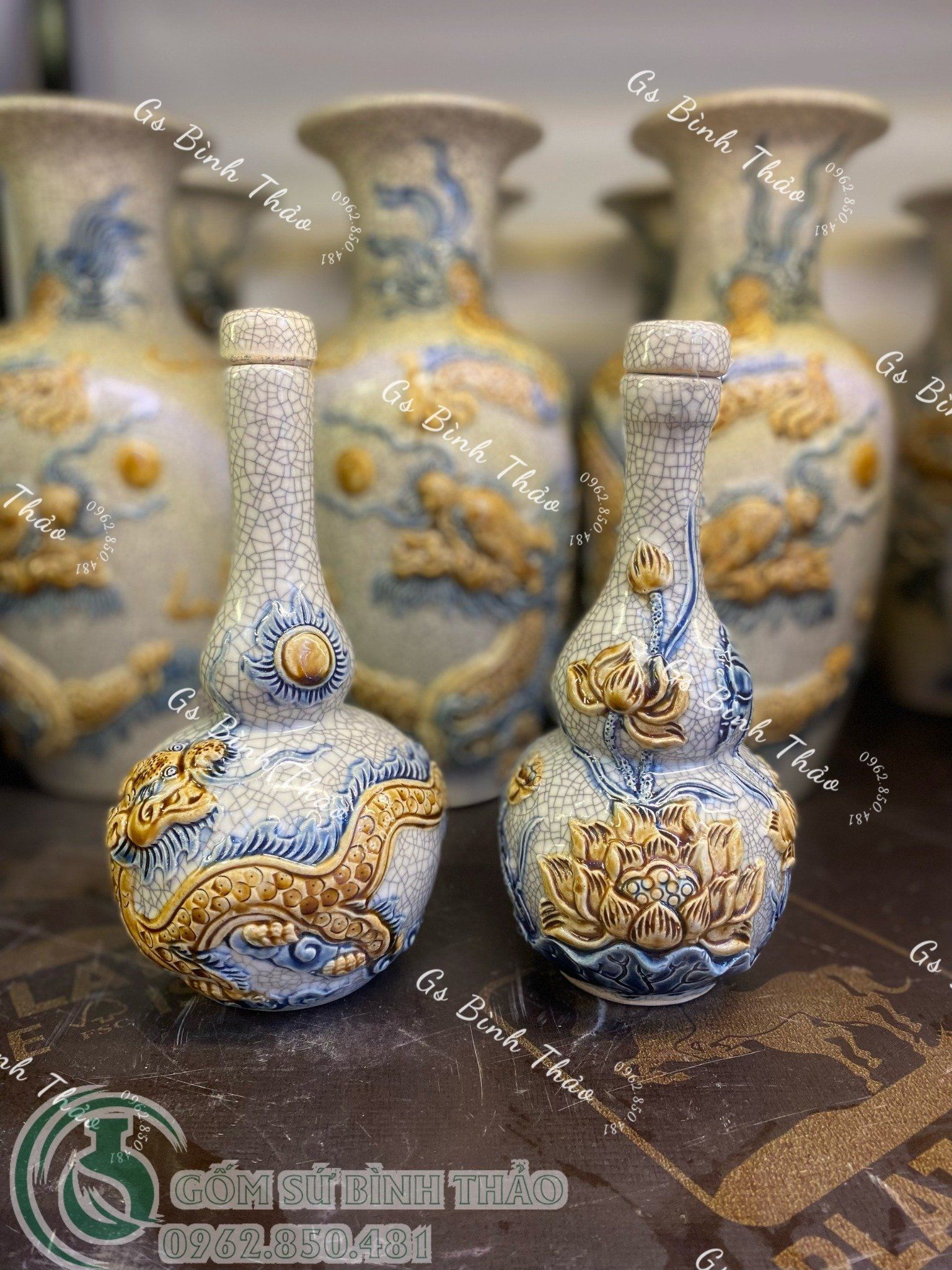 Bộ thờ Thần Tài Men rạn Đắp nổi Họa tiết Rồng PATT04