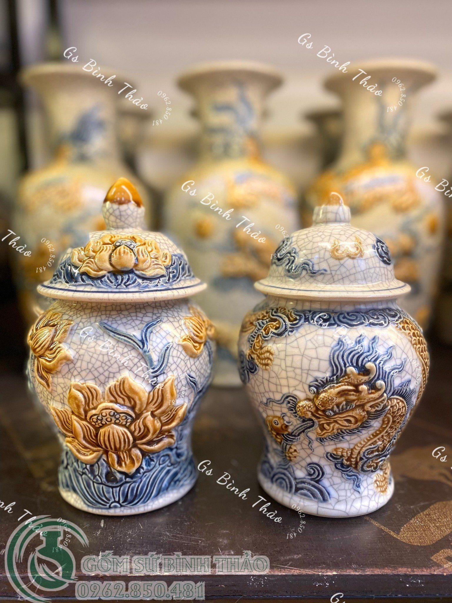 Bộ thờ Thần Tài Men rạn Đắp nổi Họa tiết Rồng PATT04