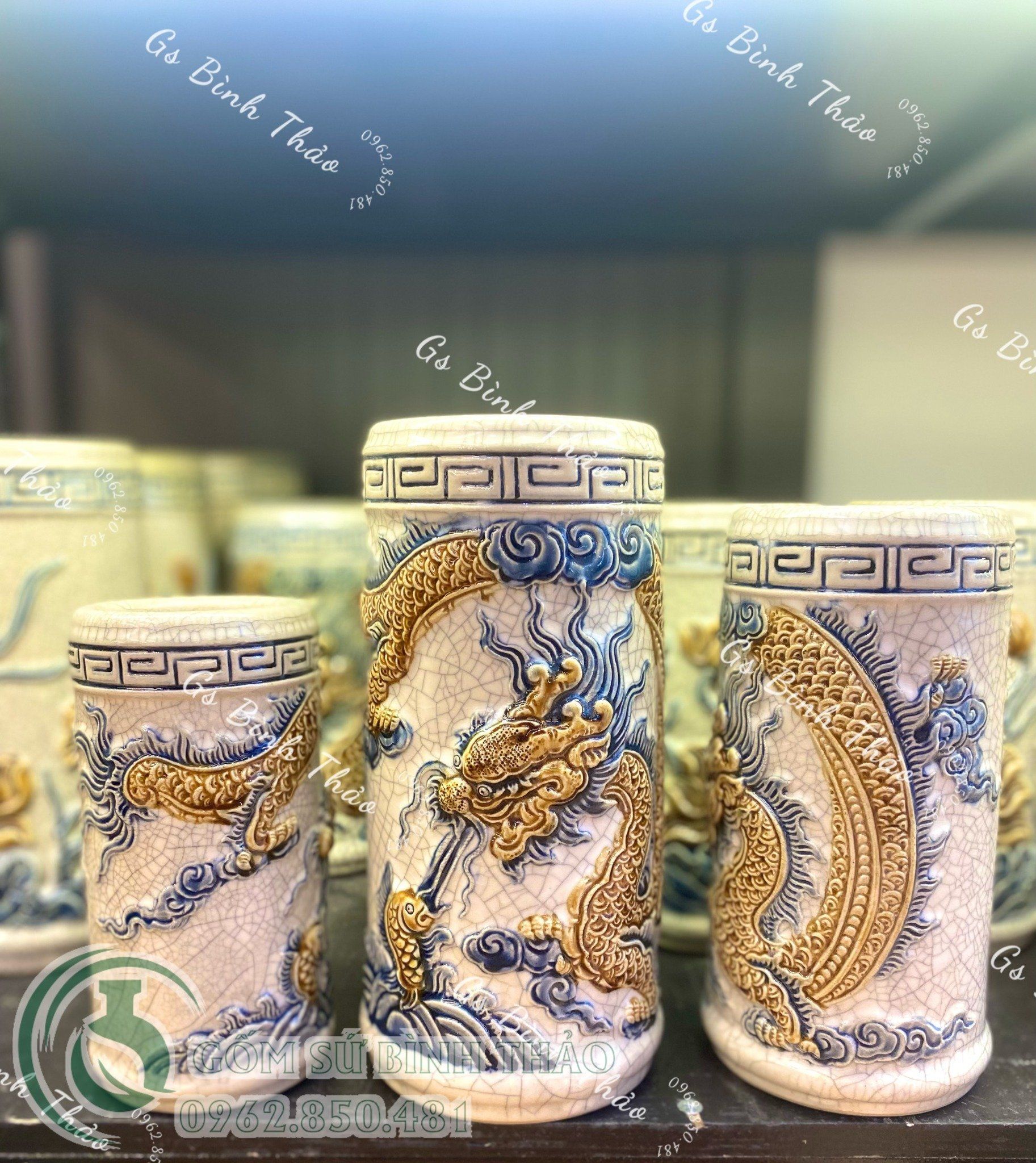 Bộ thờ Thần Tài Men rạn Đắp nổi Họa tiết Rồng PATT04