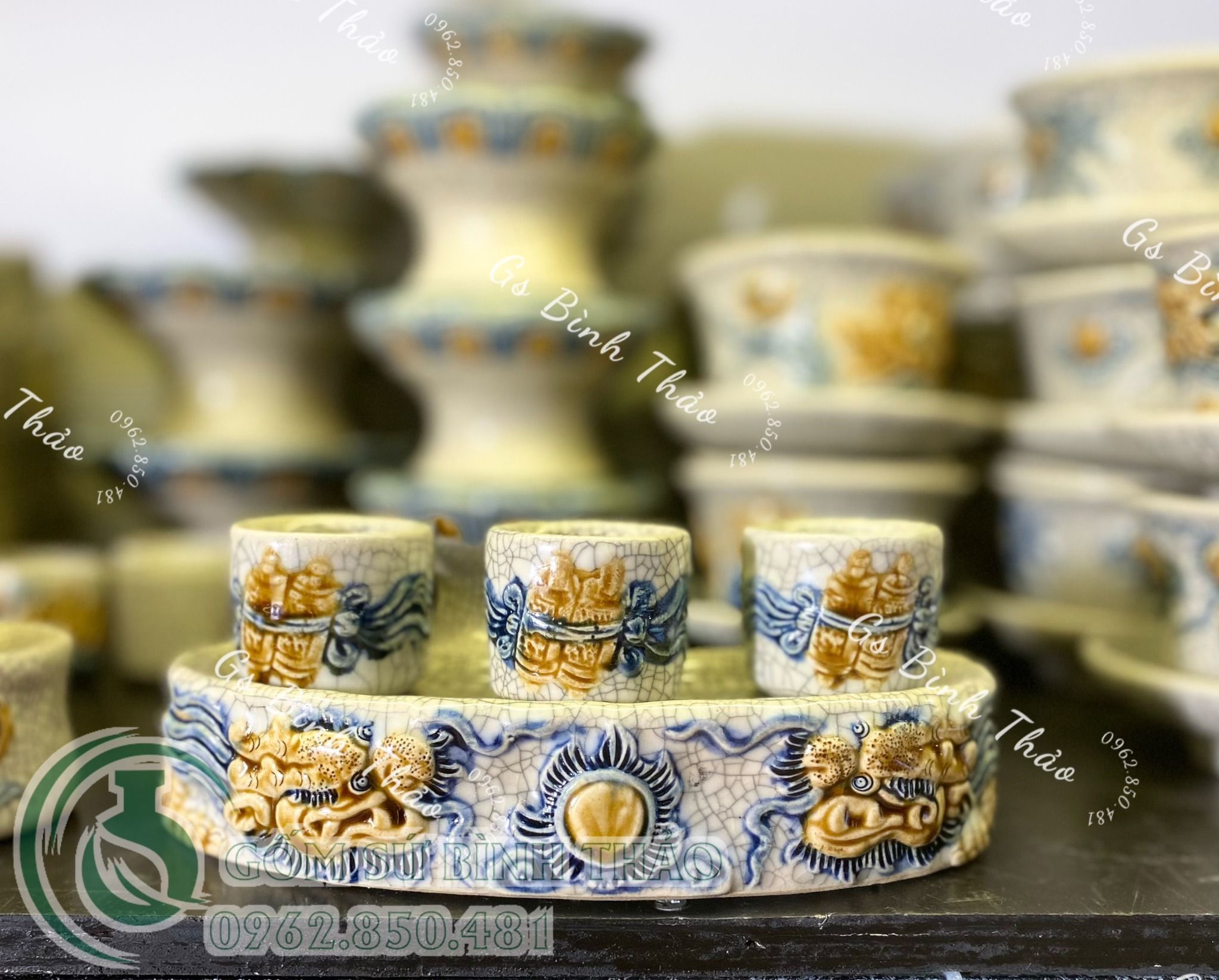 Bộ thờ Thần Tài Men rạn Đắp nổi Họa tiết Rồng PATT04