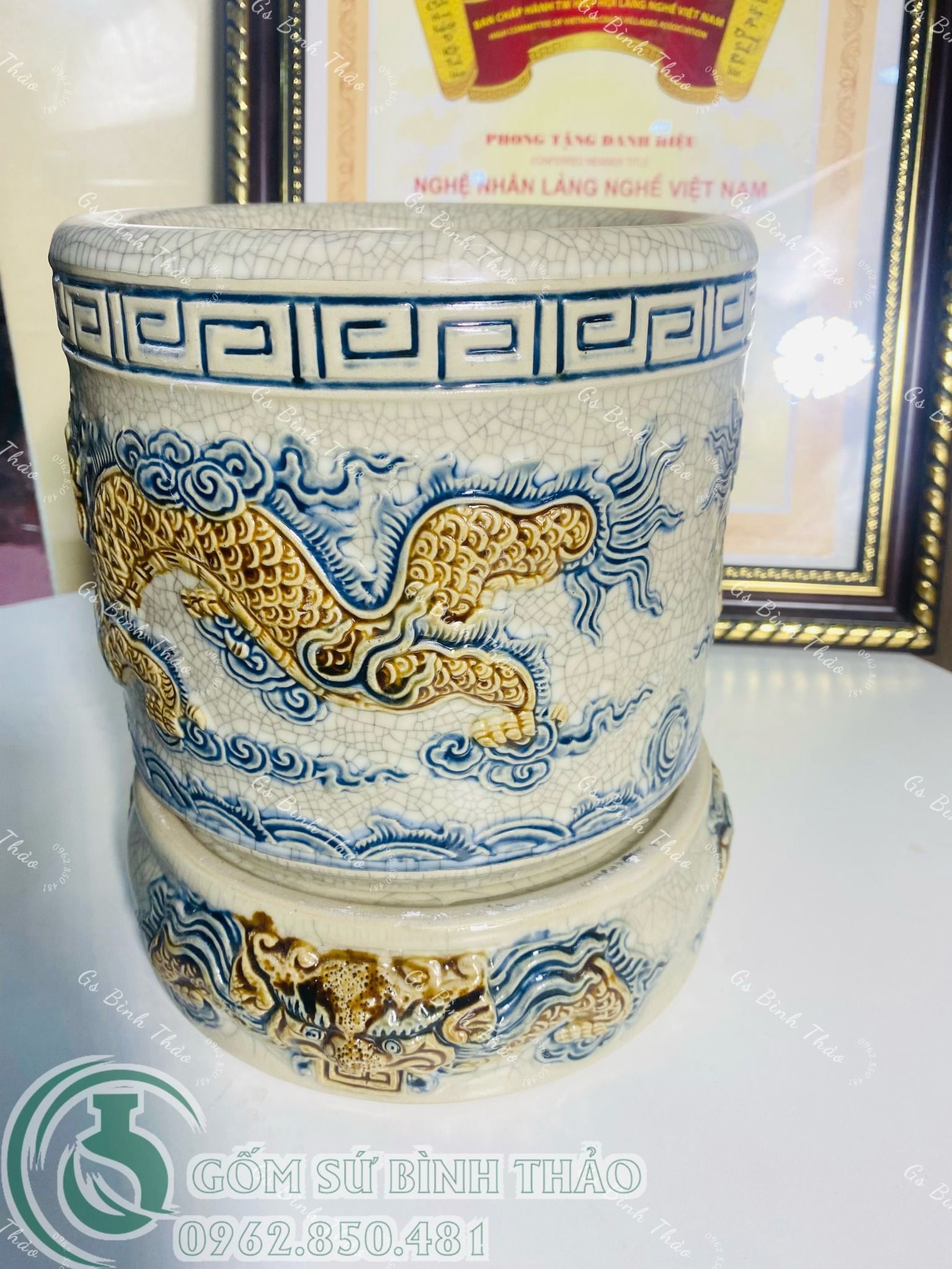 Bộ thờ Thần Tài Men rạn Đắp nổi Họa tiết Rồng PATT04