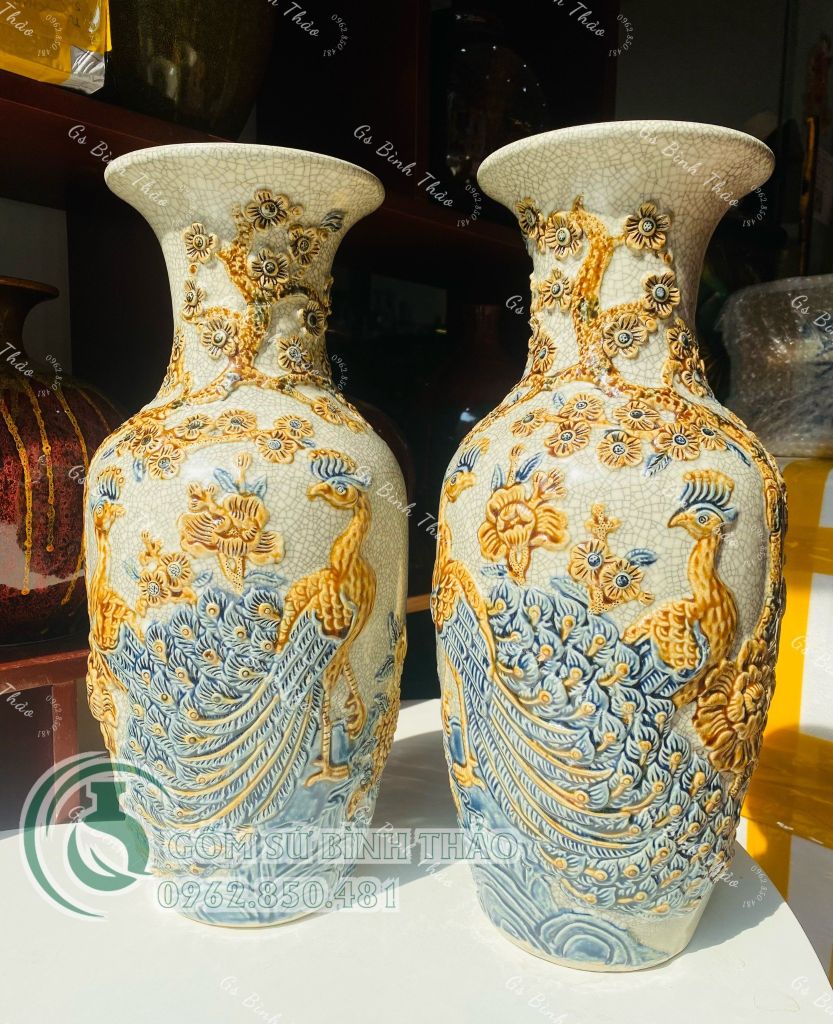 Lọ lộc bình Công đào Men rạn Đắp nổi PA