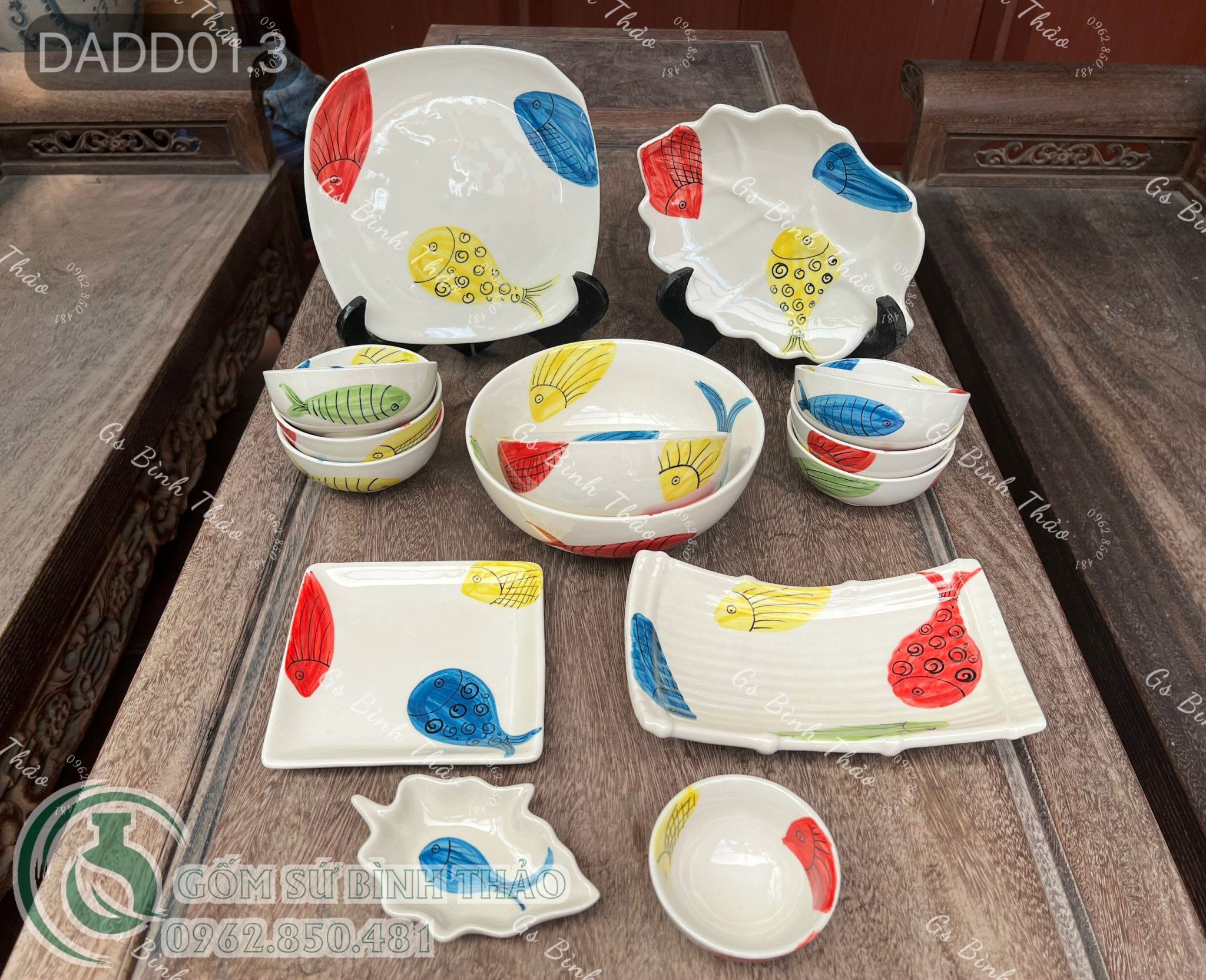 Bộ đồ ăn Vẽ tay hàng Bát Tràng họa tiết Cá Màu DD