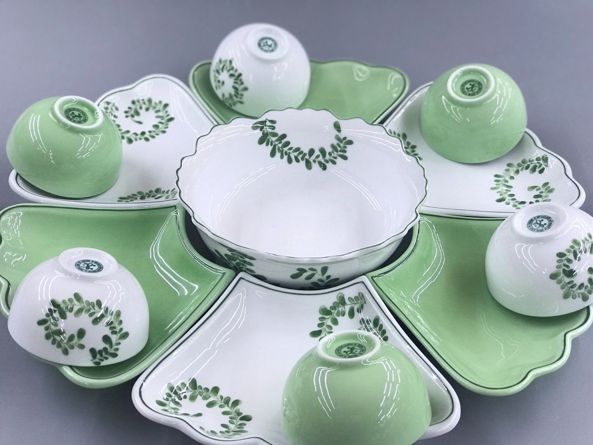 Bộ bát đĩa Hoa mặt trời Bát Tràng họa tiết Lá xoắn TĐ