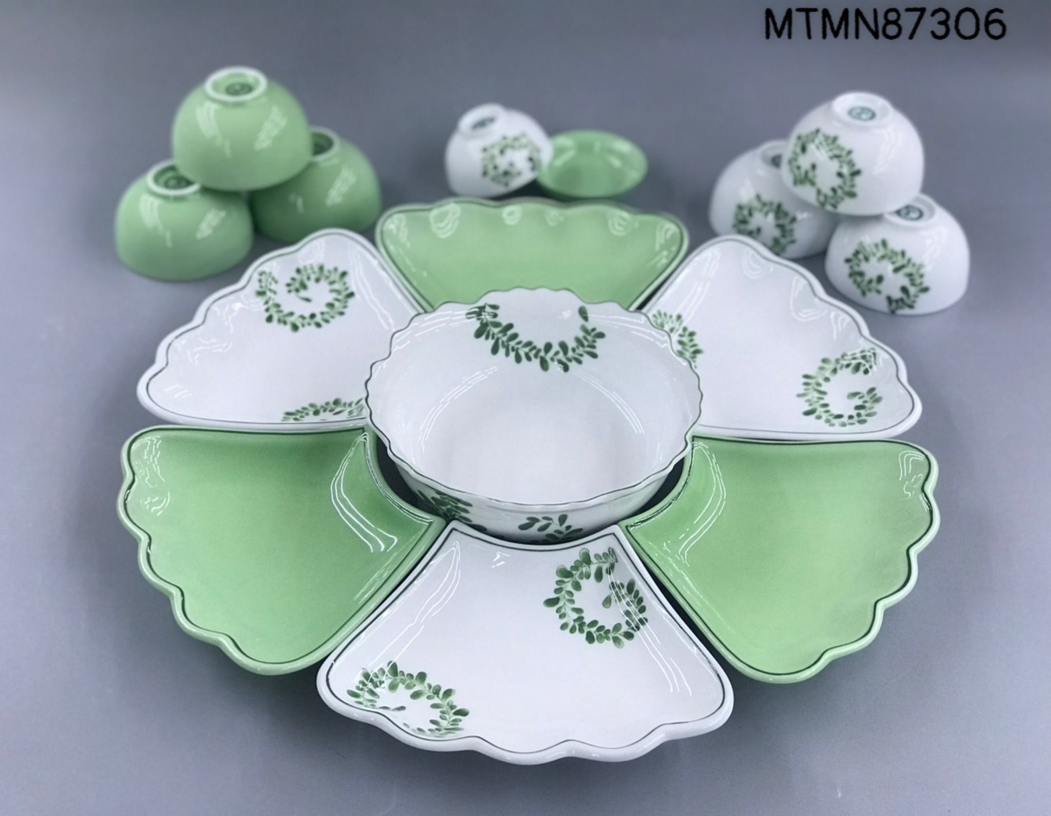 Bộ bát đĩa Hoa mặt trời Bát Tràng họa tiết Lá xoắn TĐ