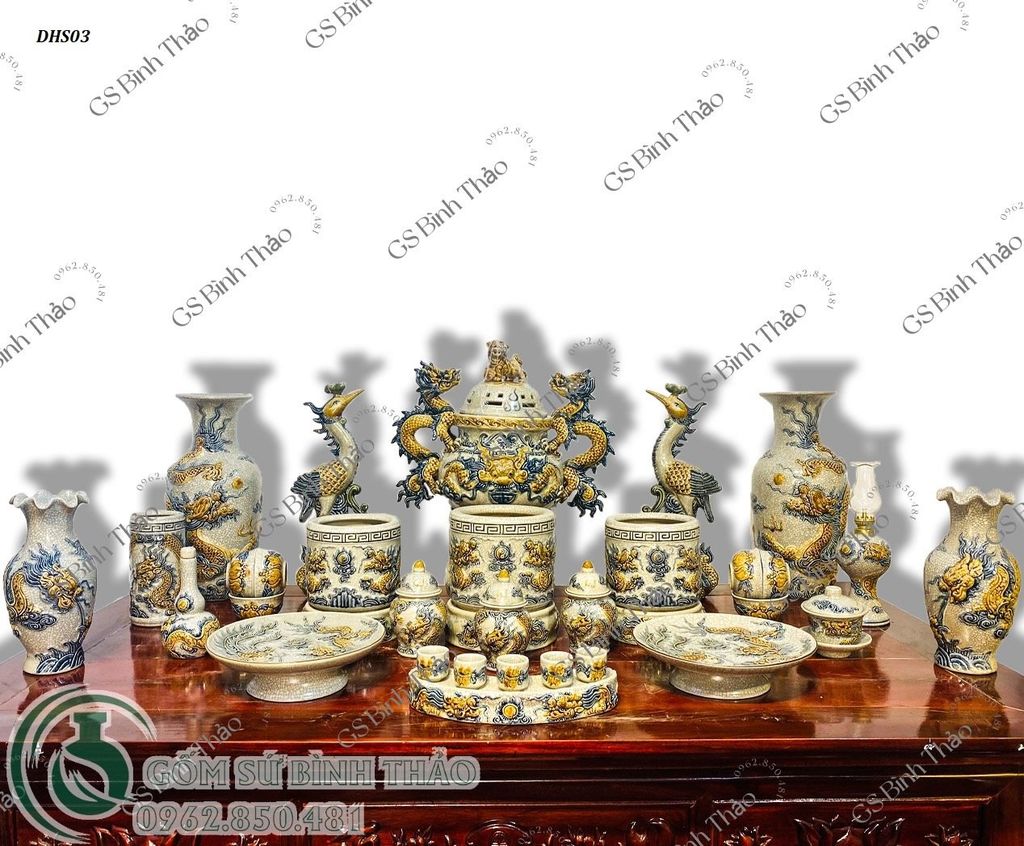 Bộ đồ thờ Men Rạn đắp nổi Bát Tràng hàng Nghệ nhân DHS03