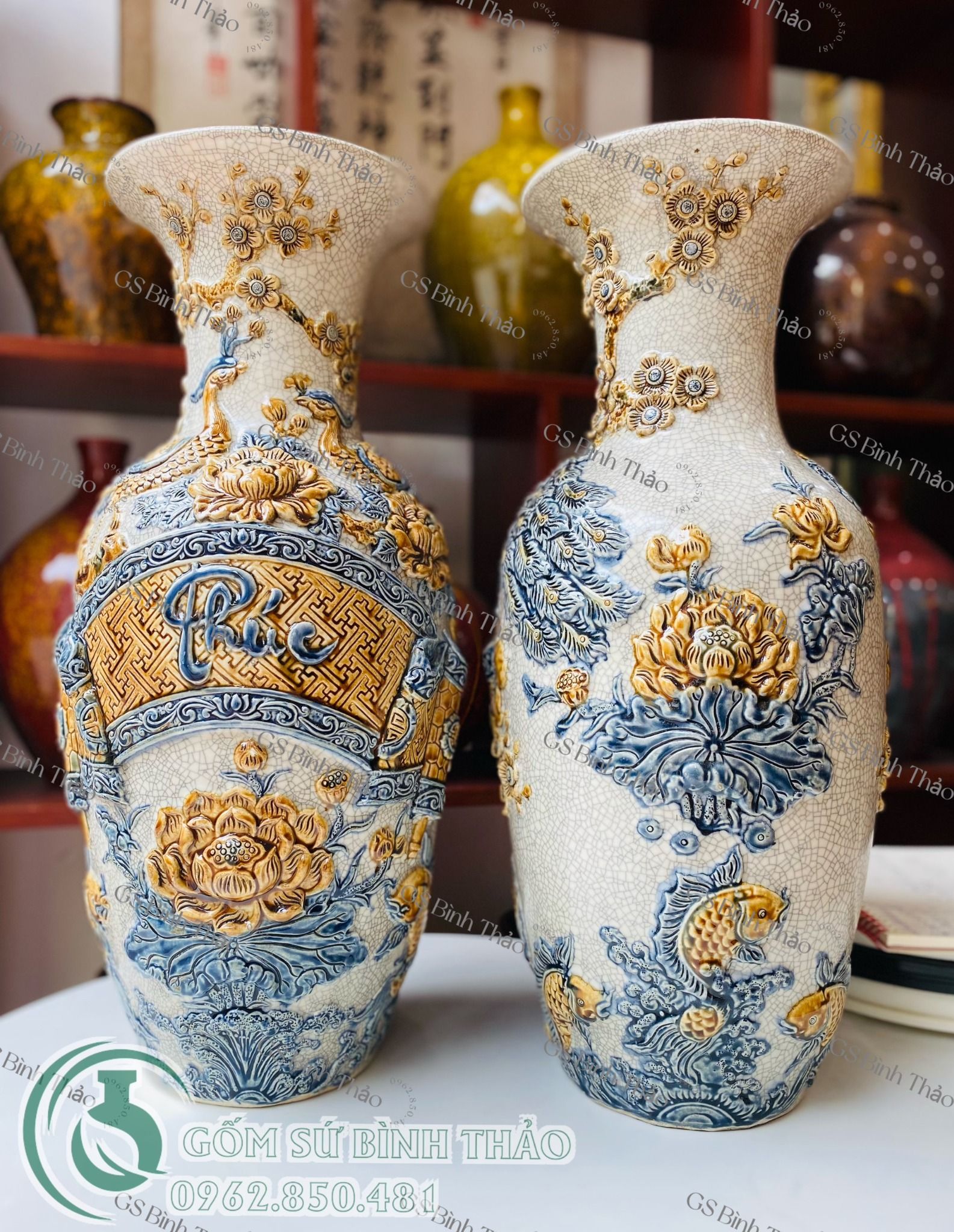 Lọ lộc bình Phúc - Đức Men rạn Đắp nổi PA