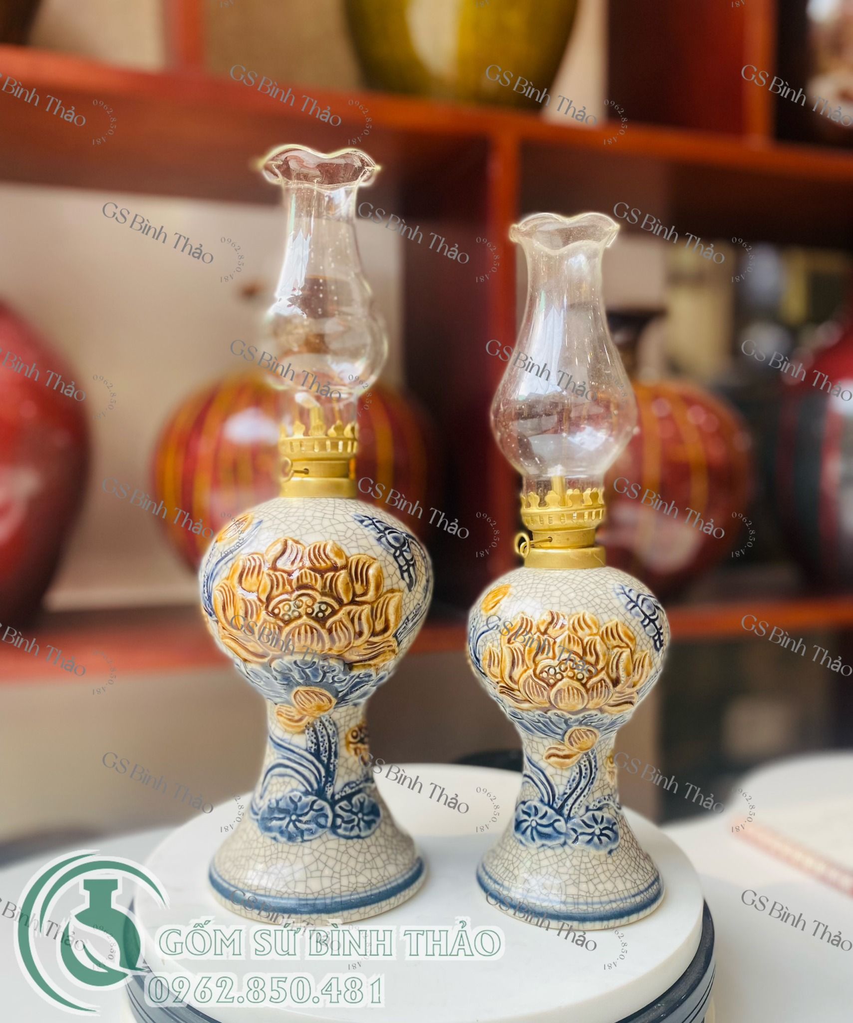 Đèn dầu Tròn Rồng / Sen Men rạn Đắp nổi PA