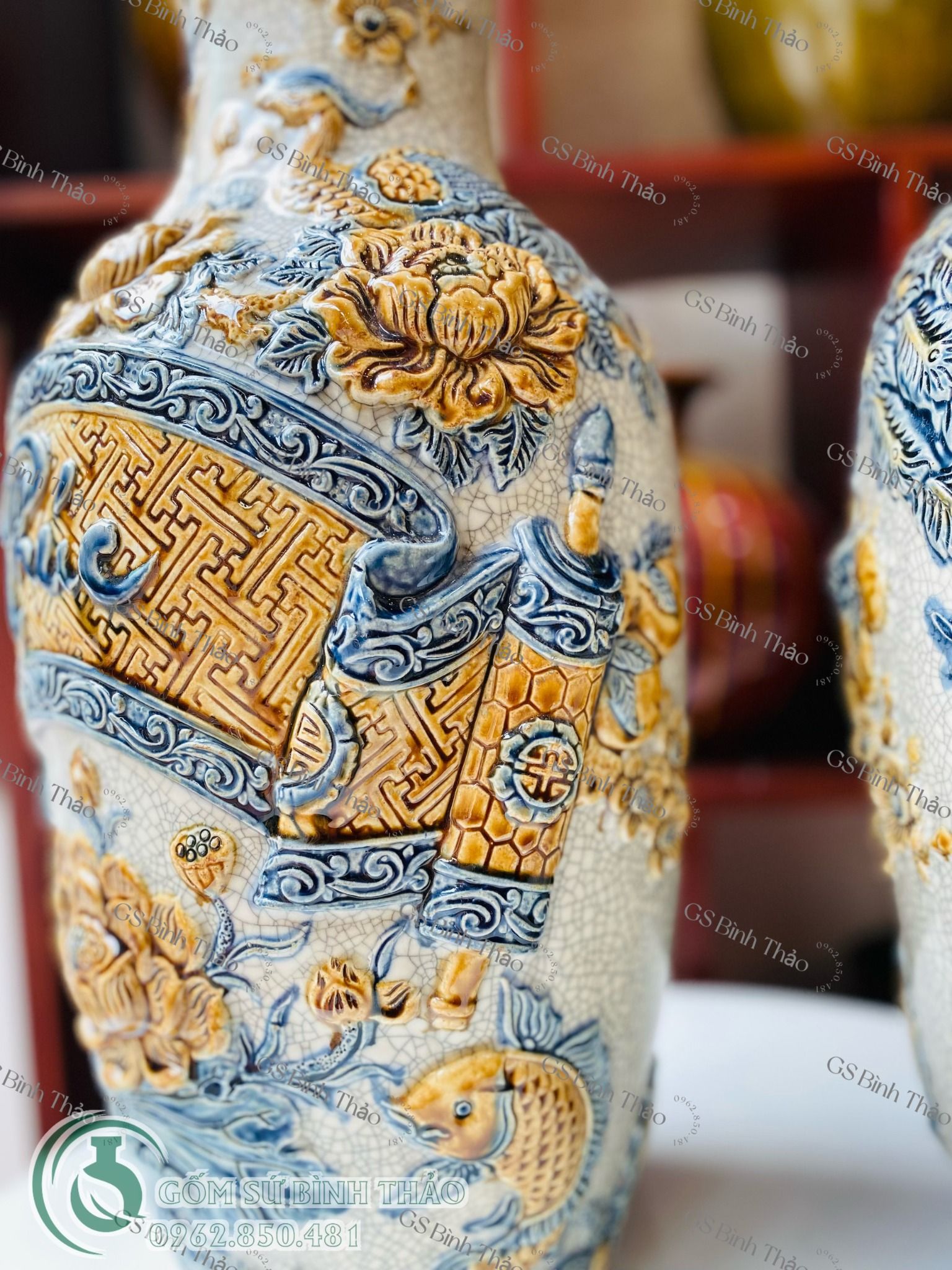 Lọ lộc bình Phúc - Đức Men rạn Đắp nổi PA
