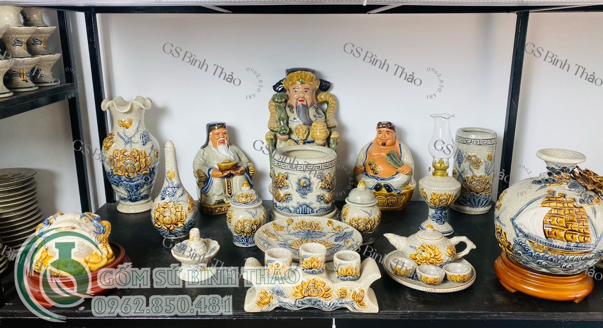 Bộ thờ Thần Tài Men rạn Đắp nổi Bát hương Rồng + Phụ kiện Sen PATT03