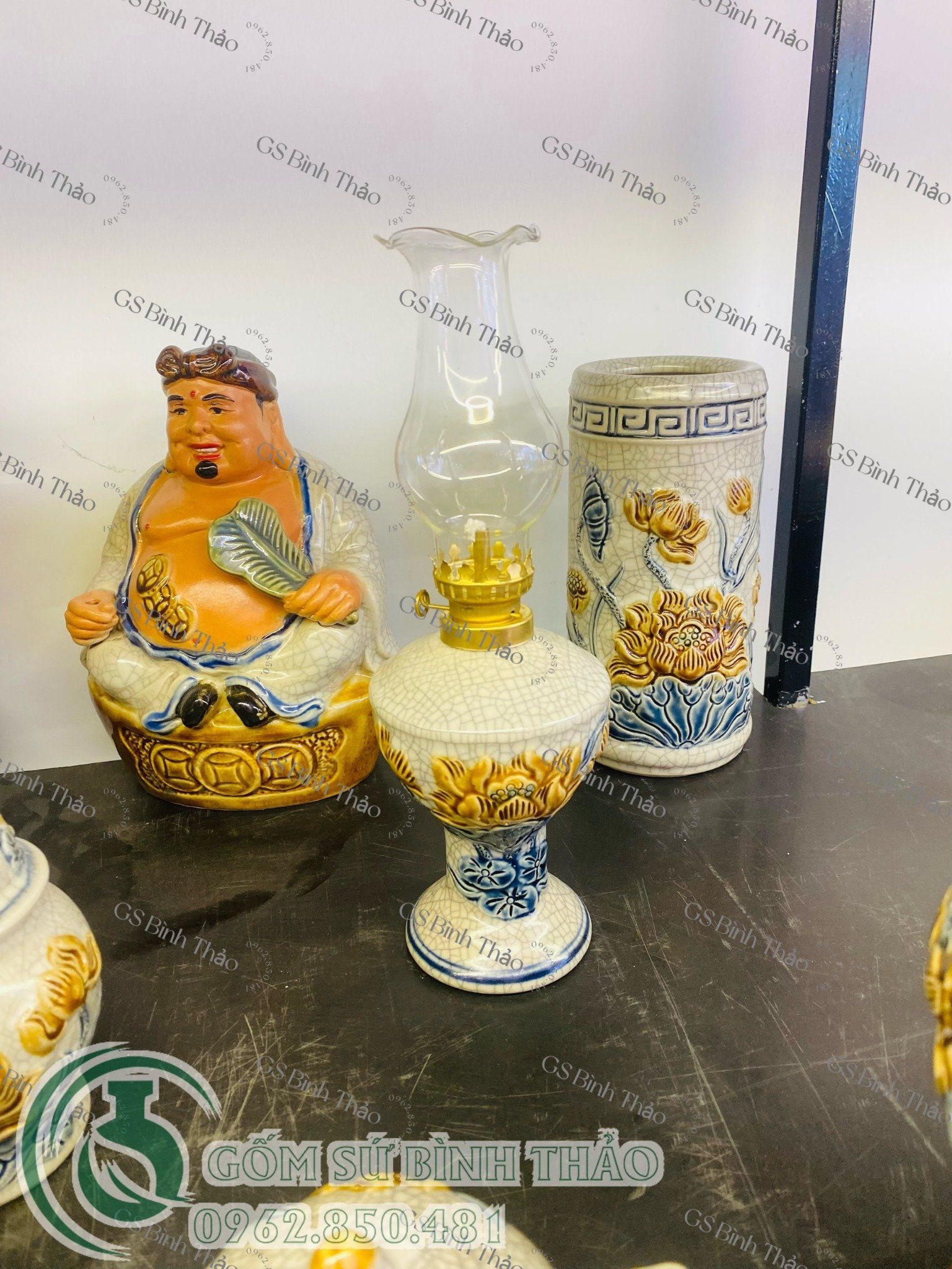 Bộ thờ Thần Tài Men rạn Đắp nổi Bát hương Rồng + Phụ kiện Sen PATT03