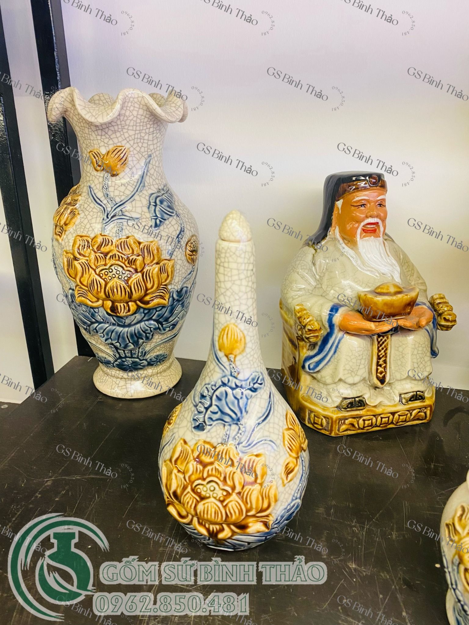 Bộ thờ Thần Tài Men rạn Đắp nổi Bát hương Rồng + Phụ kiện Sen PATT03