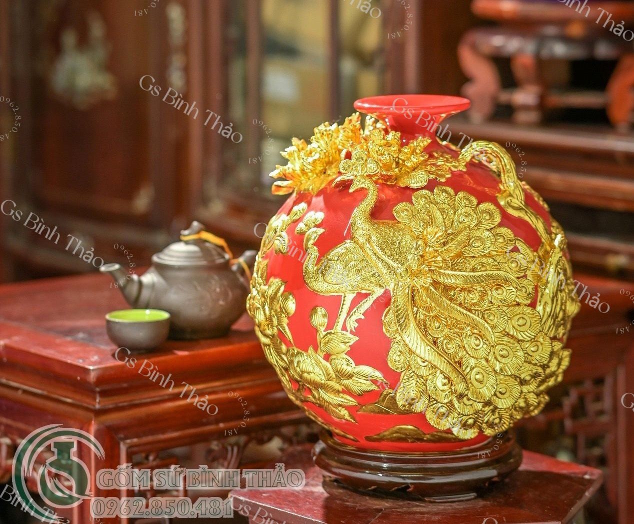 Bình hút lộc Công thành Danh toại Đắp nổi Dát vàng - Hàng Nghệ nhân Bát Tràng
