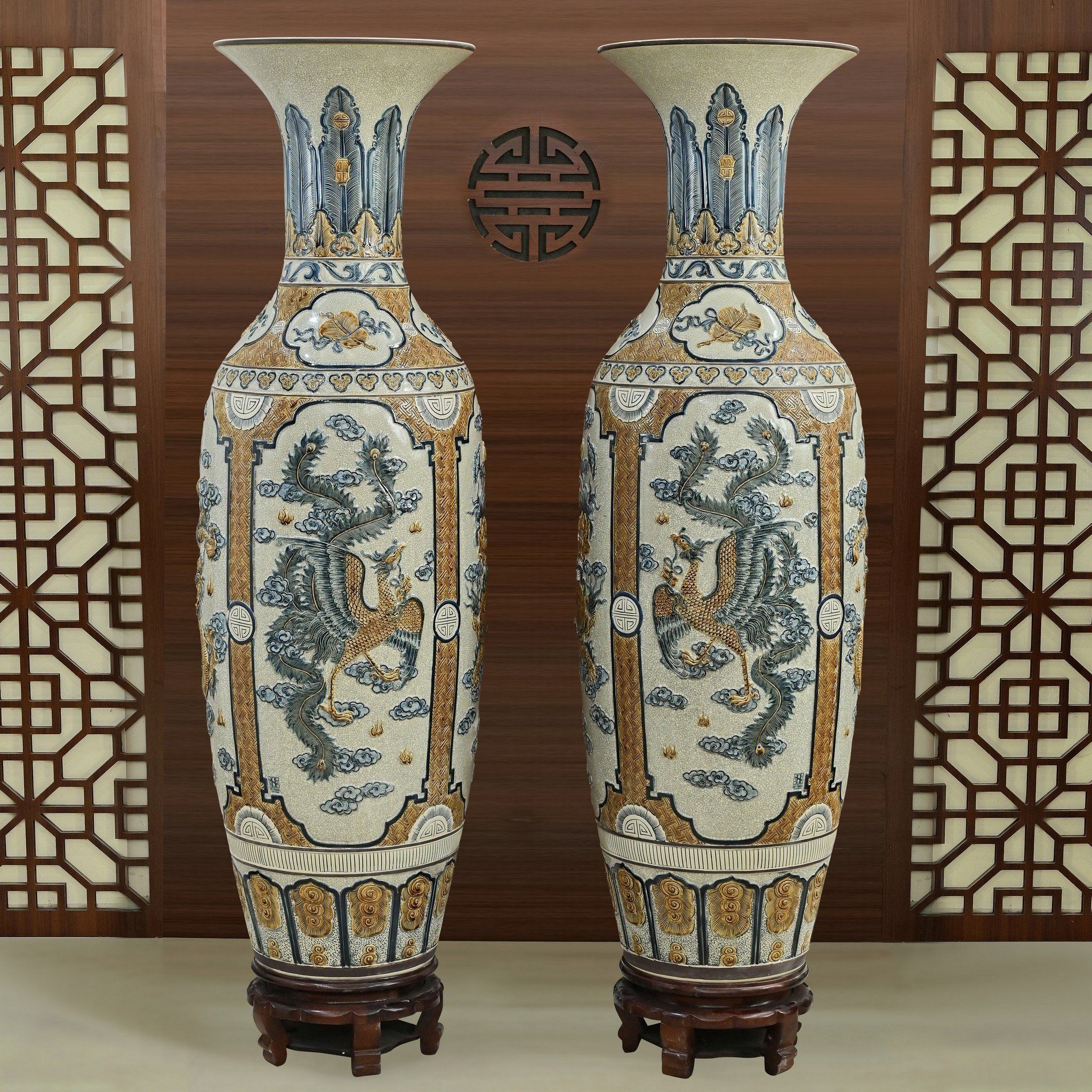Lọ Lục Bình Tứ Linh Men rạn Đắp nổi - Gốm Nghệ nhân Bát Tràng