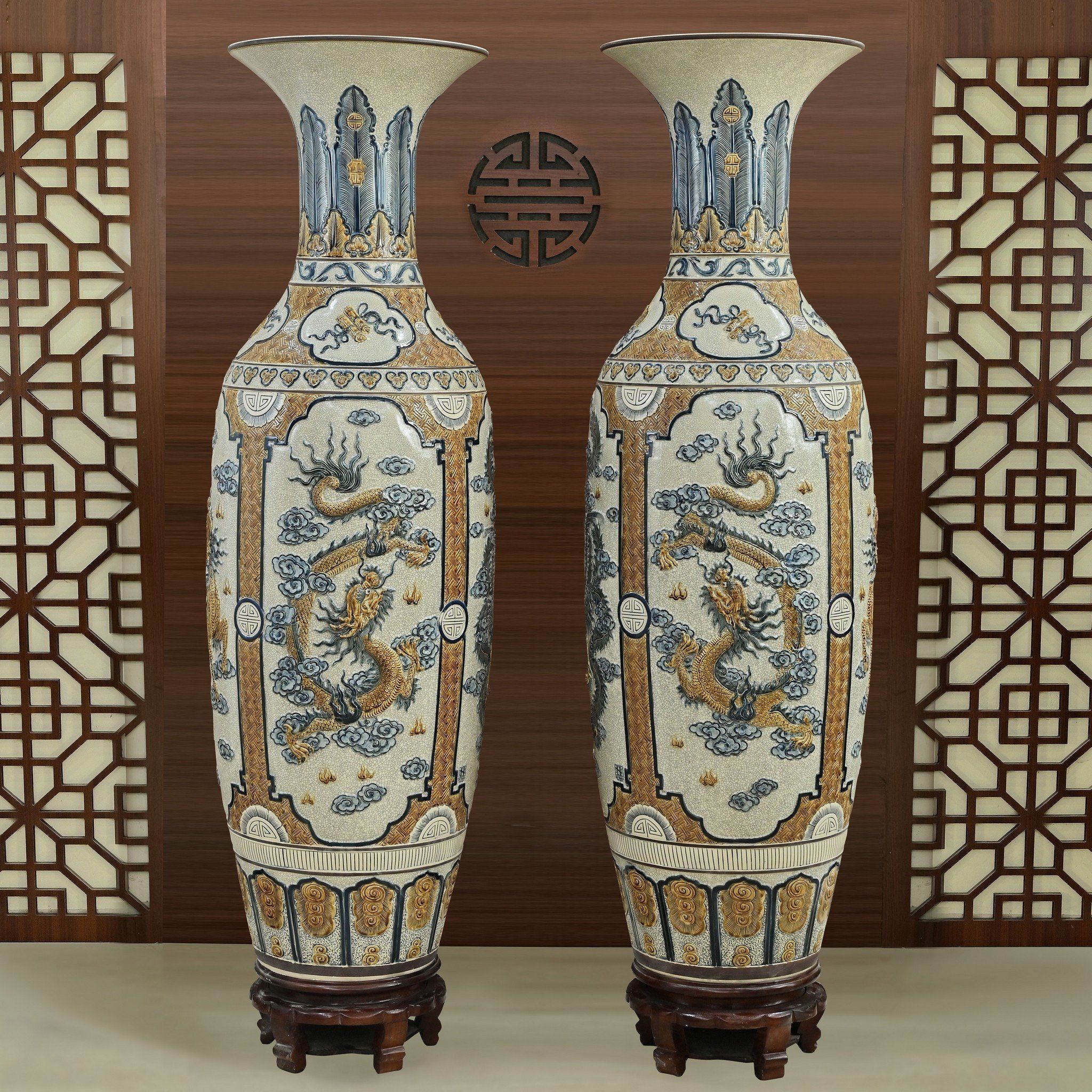 Lọ Lục Bình Tứ Linh Men rạn Đắp nổi - Gốm Nghệ nhân Bát Tràng