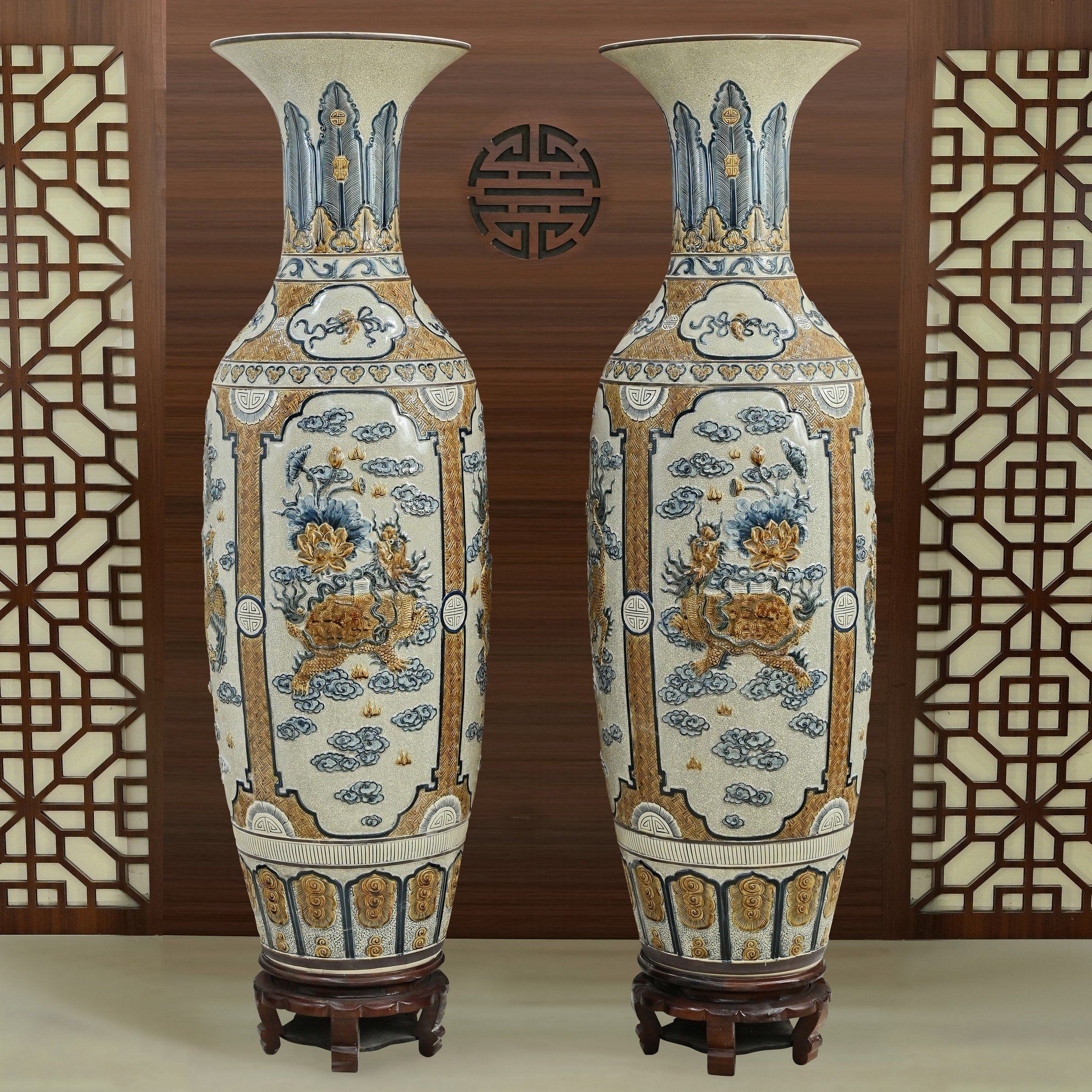 Lọ Lục Bình Tứ Linh Men rạn Đắp nổi - Gốm Nghệ nhân Bát Tràng
