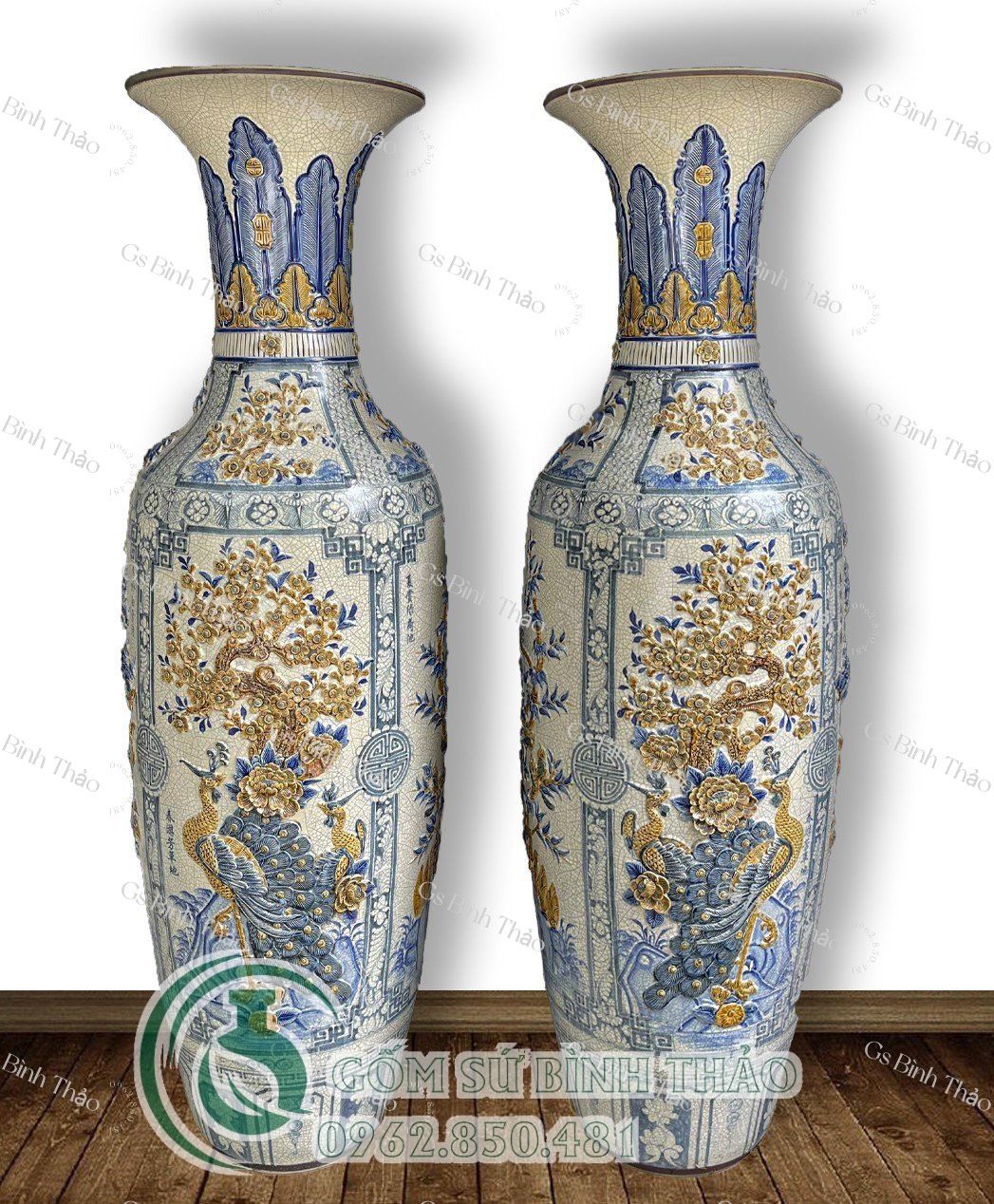 Lọ Lục Bình Tứ Cảnh Men rạn Đắp nổi Họa tiết Nâu - Gốm Nghệ nhân Bát Tràng