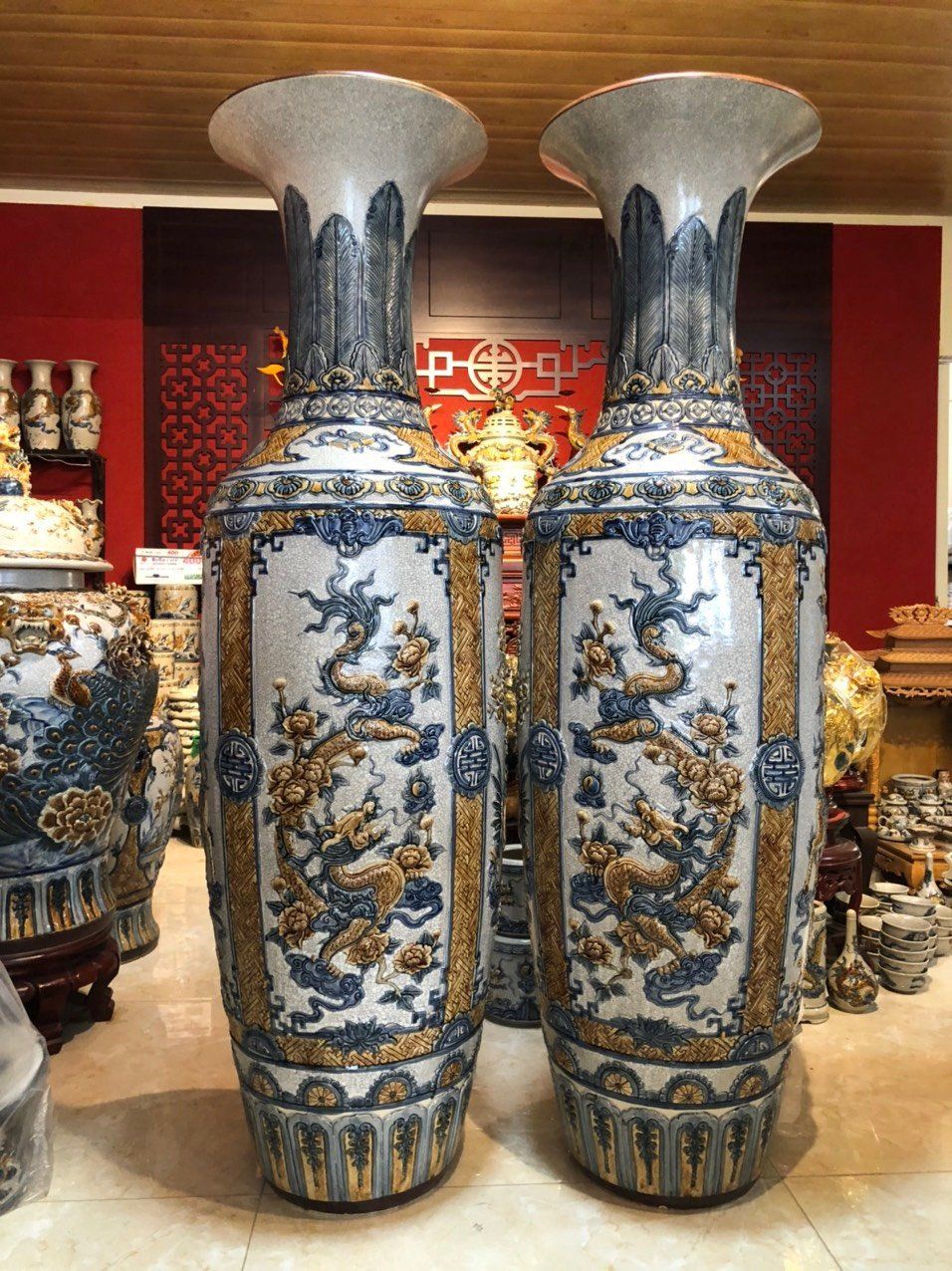 Lọ Lục Bình Tứ Linh Men rạn Đắp nổi - Gốm Nghệ nhân Bát Tràng