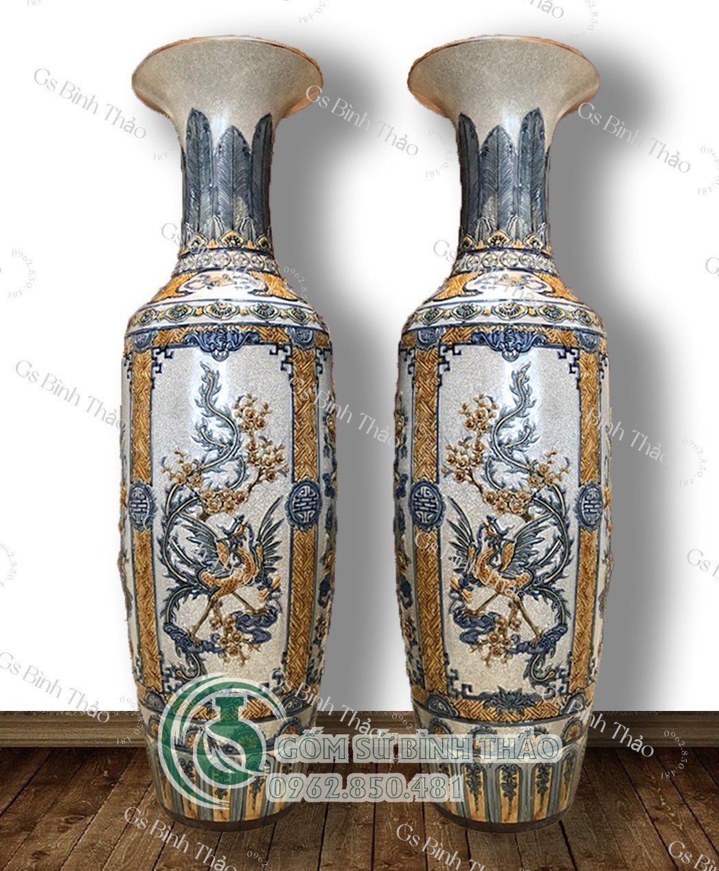 Lọ Lục Bình Tứ Linh Men rạn Đắp nổi - Gốm Nghệ nhân Bát Tràng