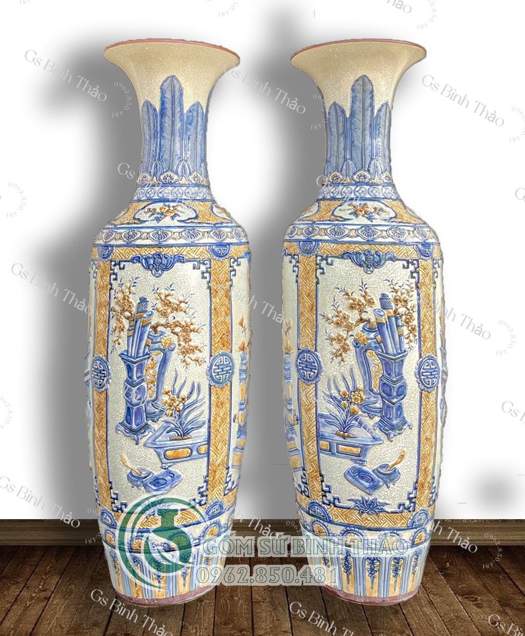 Lọ Lục Bình Tứ Cảnh Cổ đồ Men rạn Đắp nổi - Gốm Nghệ nhân Bát Tràng