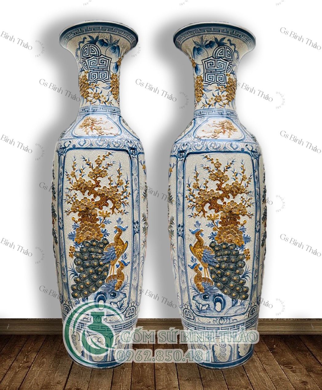 Lọ Lục Bình Tứ Cảnh Men rạn Đắp nổi - Gốm Nghệ nhân Bát Tràng