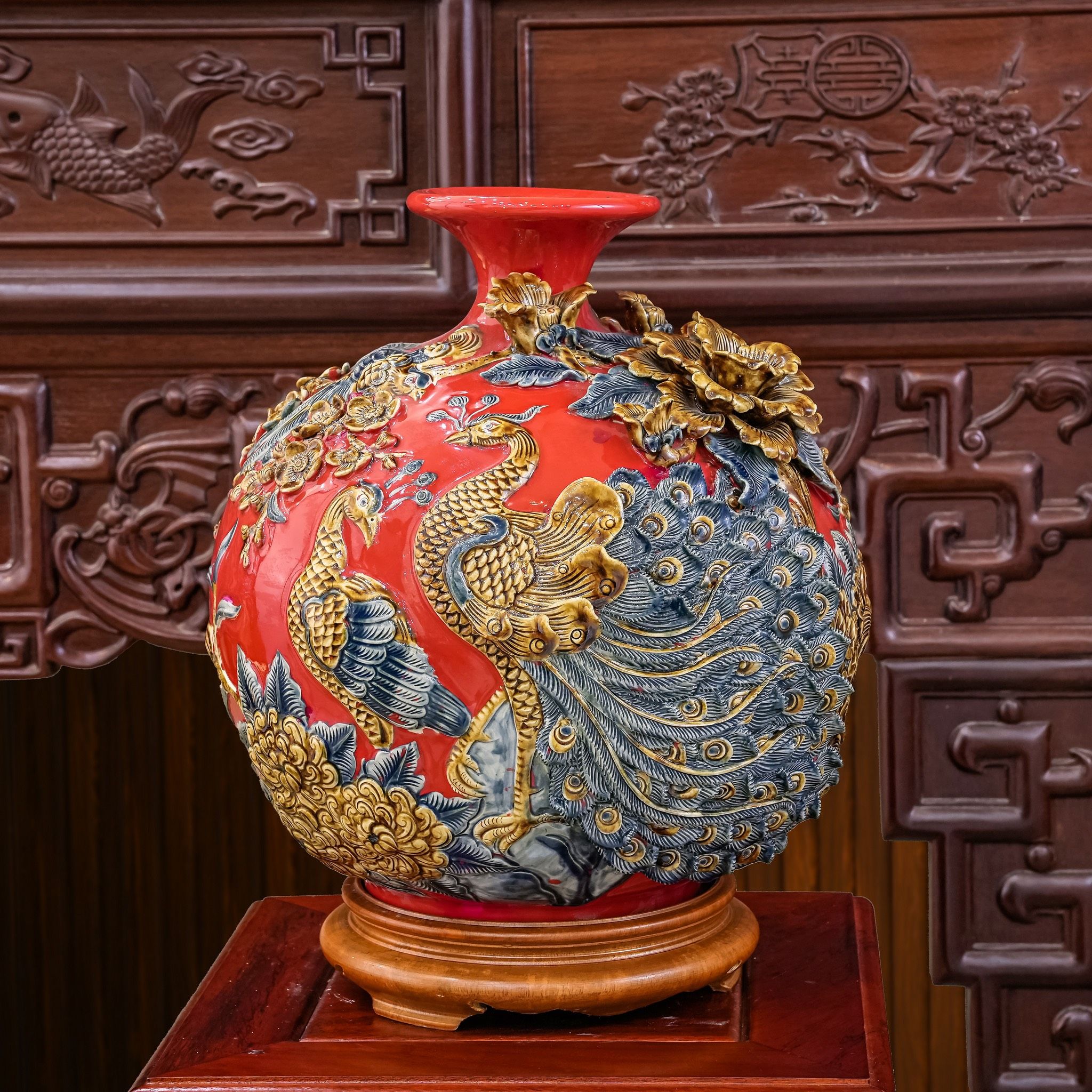 Bình hút lộc Công thành danh toại Men rạn đắp nổi Kênh đuôi 3D - Hàng nghệ nhân Bát Tràng HN