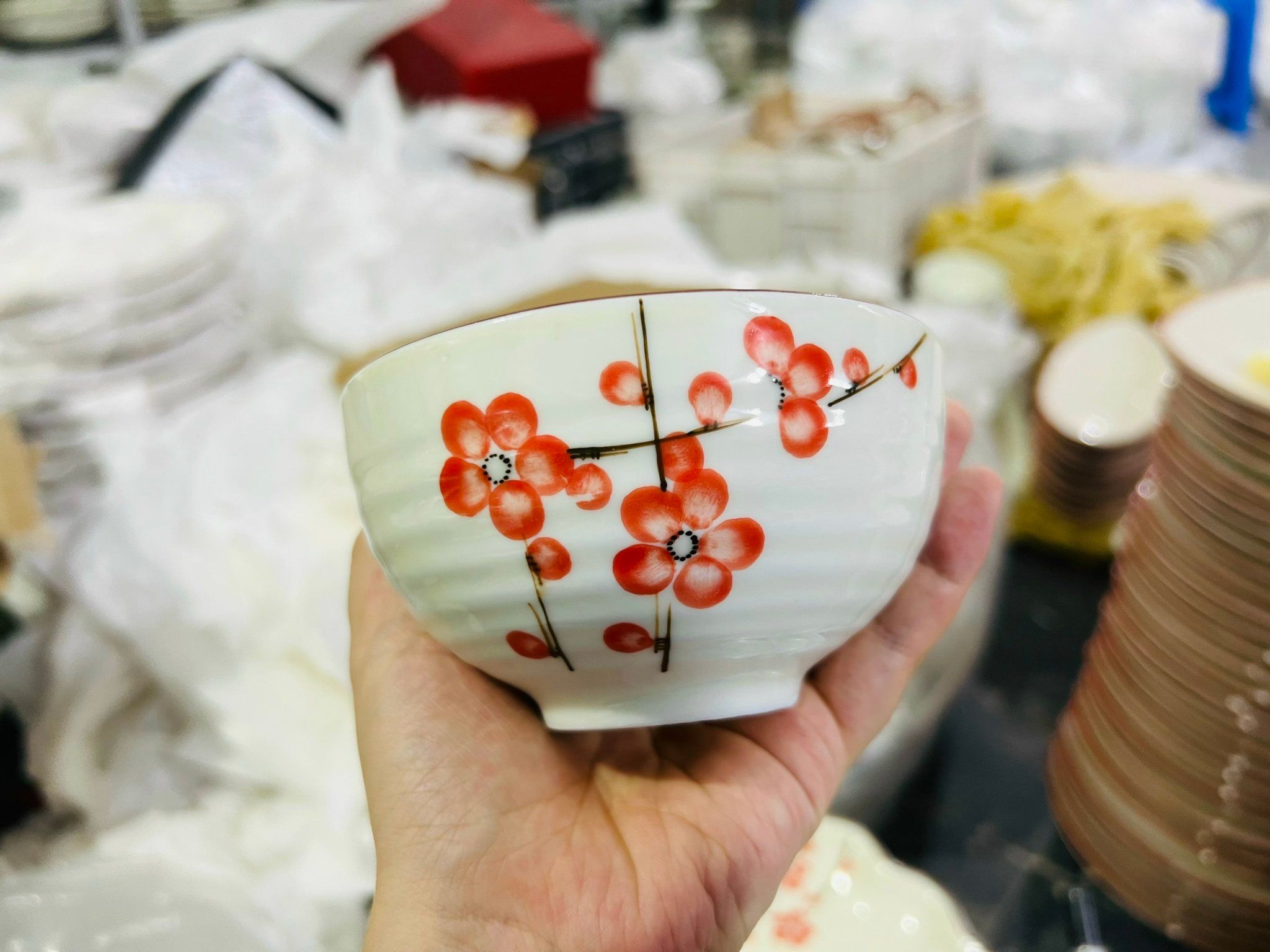 Bộ bát đĩa Hoa mặt trời Bát Tràng họa tiết Đào đỏ DH