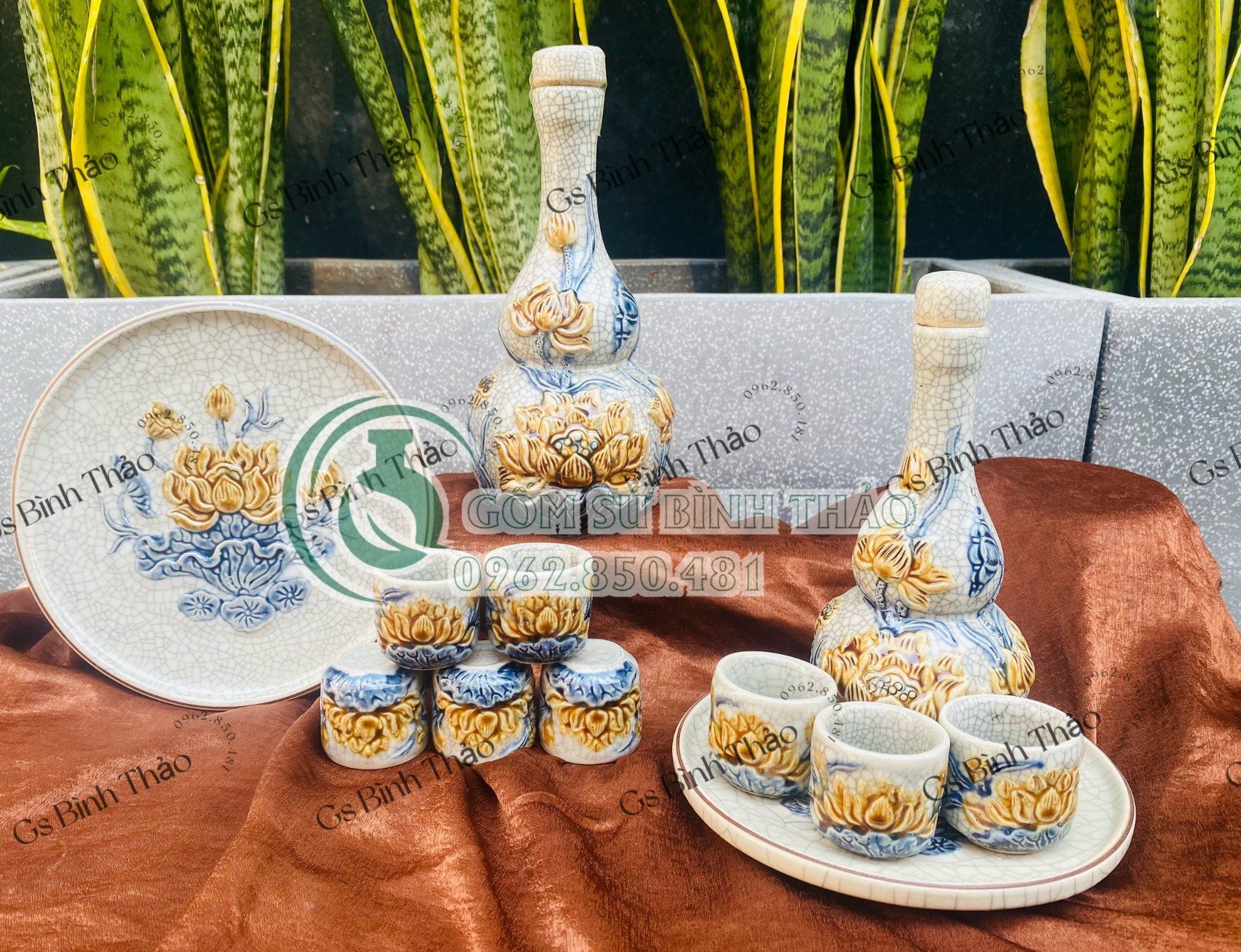Bộ rượu Sen Men rạn Đắp nổi PA