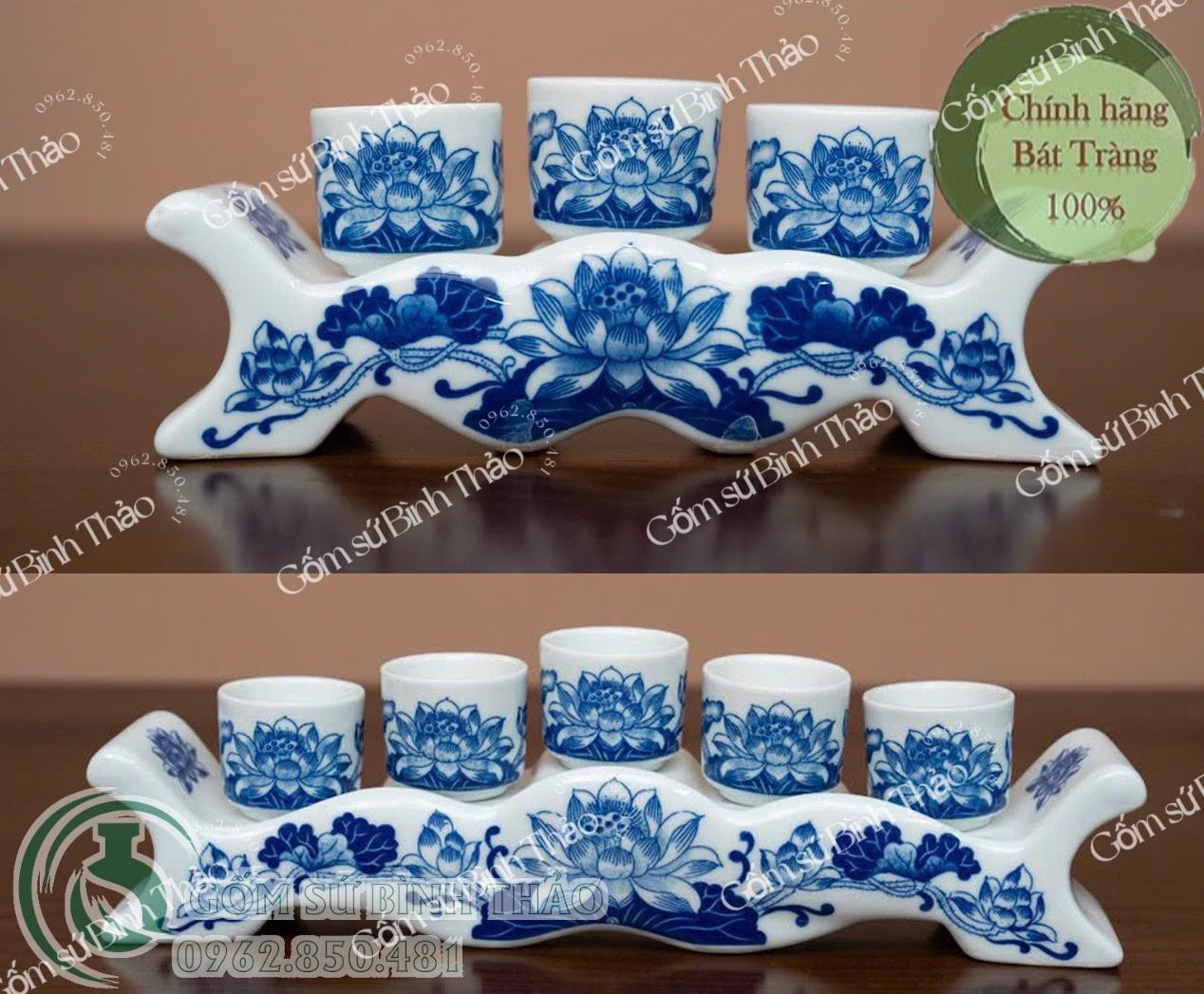Bộ đồ thờ Bát Tràng men Trắng Họa tiết Lam TY1BH001