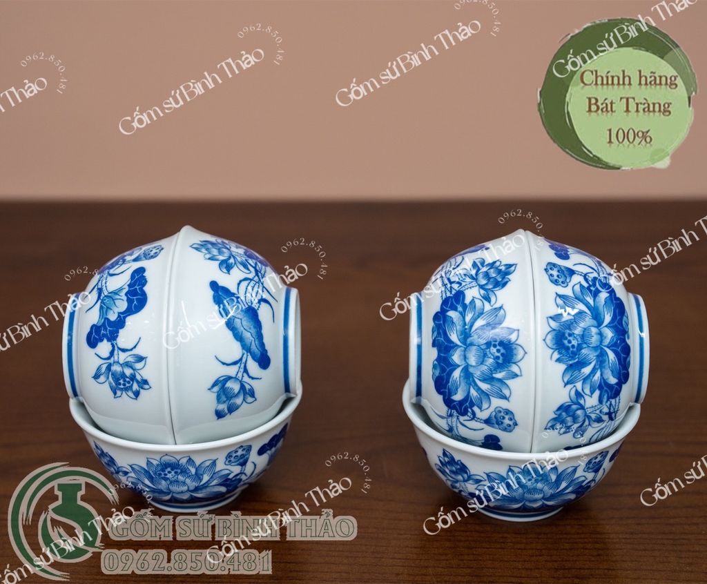 Bát cúng Sen Men trắng Họa tiết Lam TY