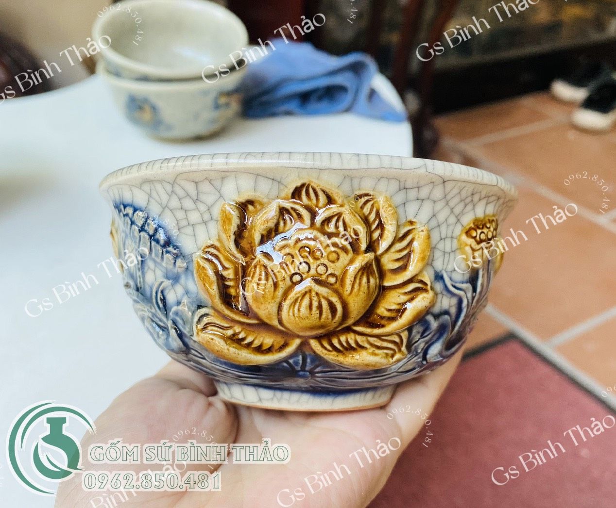 Bát cơm thờ men rạn đắp nổi Bát Tràng DAV