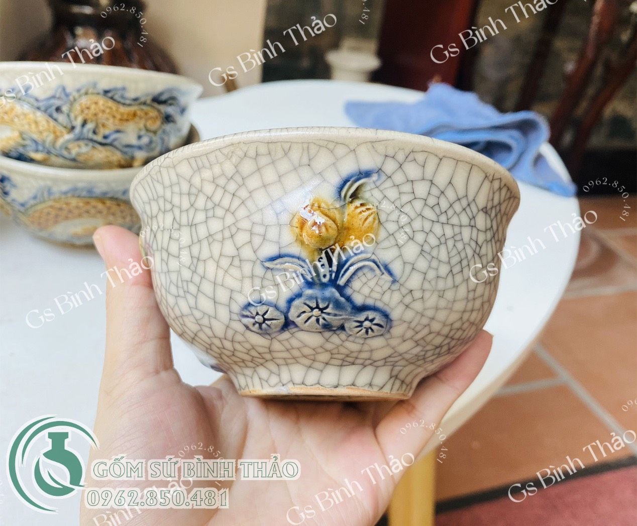 Bát cơm thờ men rạn đắp nổi Bát Tràng DAV