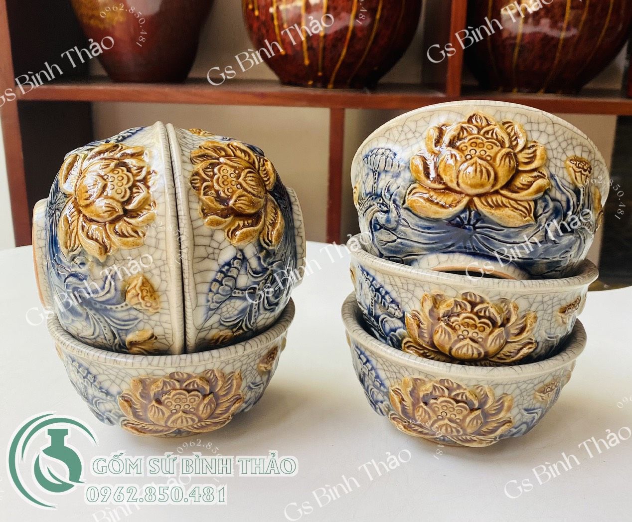 Bát cơm thờ men rạn đắp nổi Bát Tràng DAV