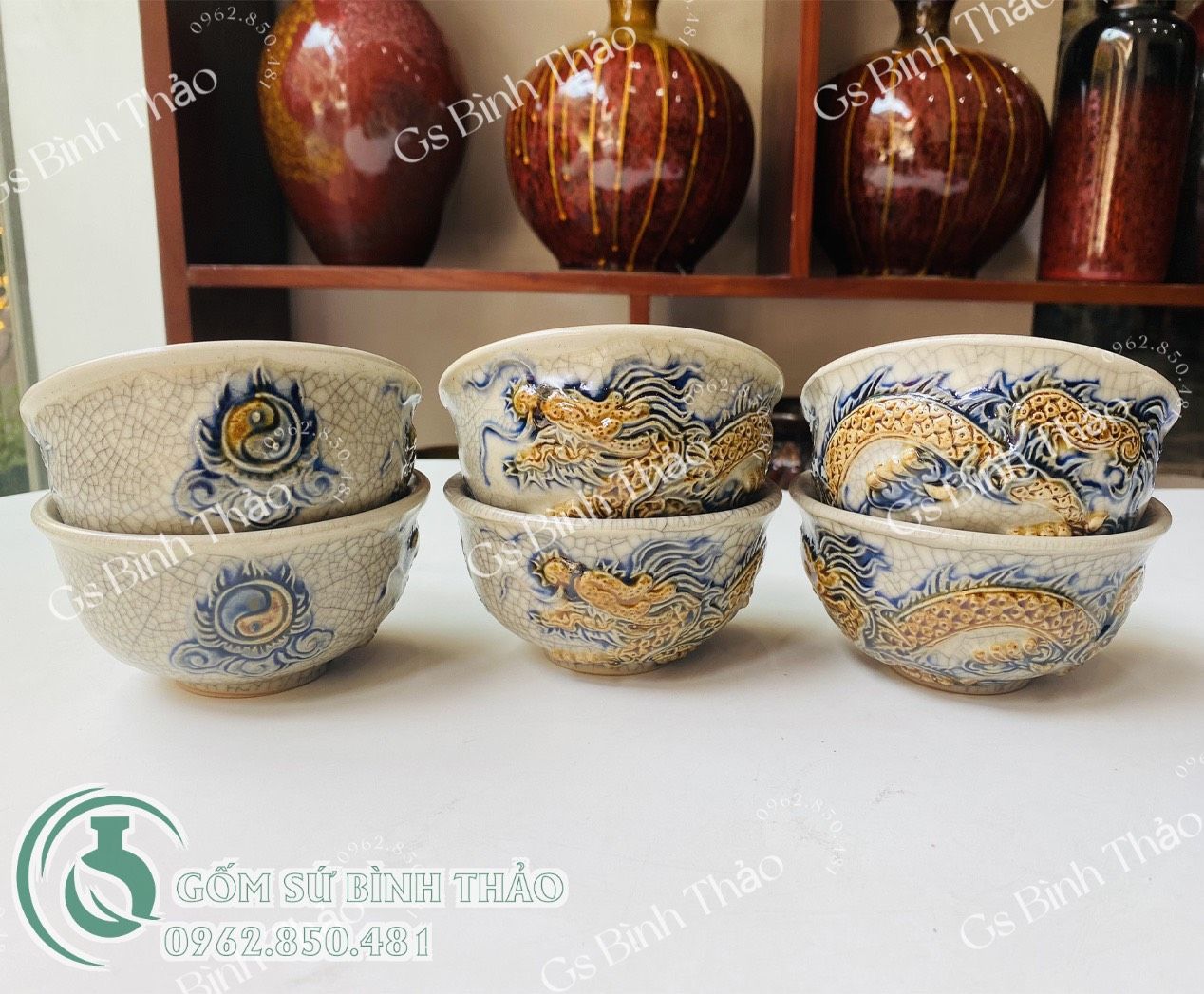 Bát cơm thờ men rạn đắp nổi Bát Tràng DAV
