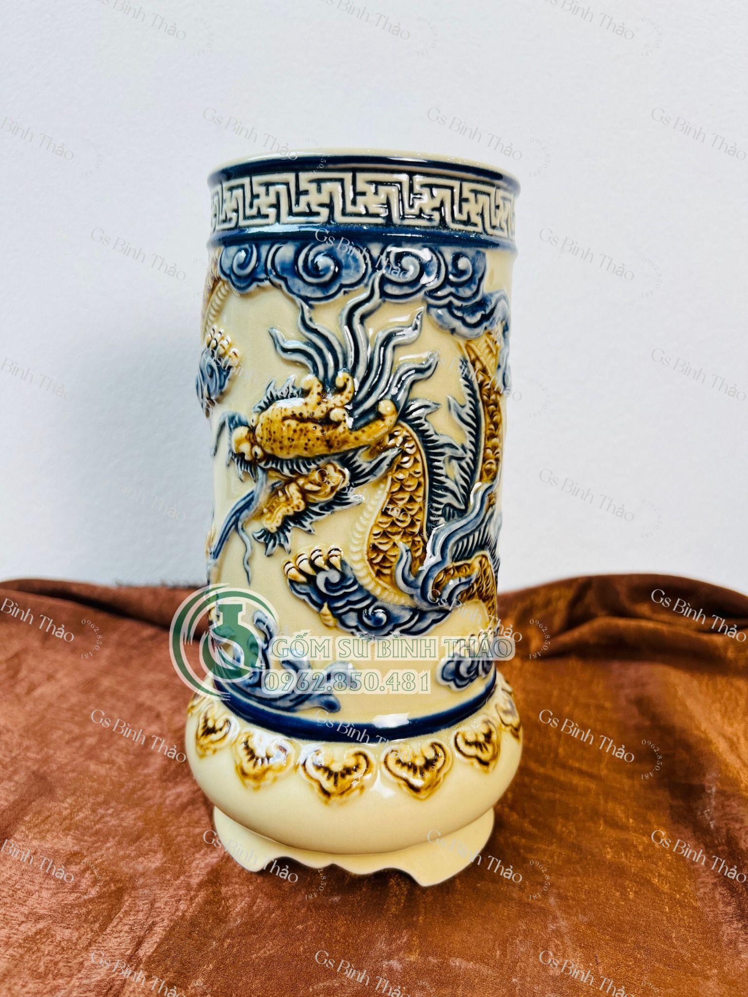 Đồ thờ Gốm sứ Bát Tràng Cao cấp Men Hoàng Thổ đắp nổi - Hàng Nghệ nhân HTDM11