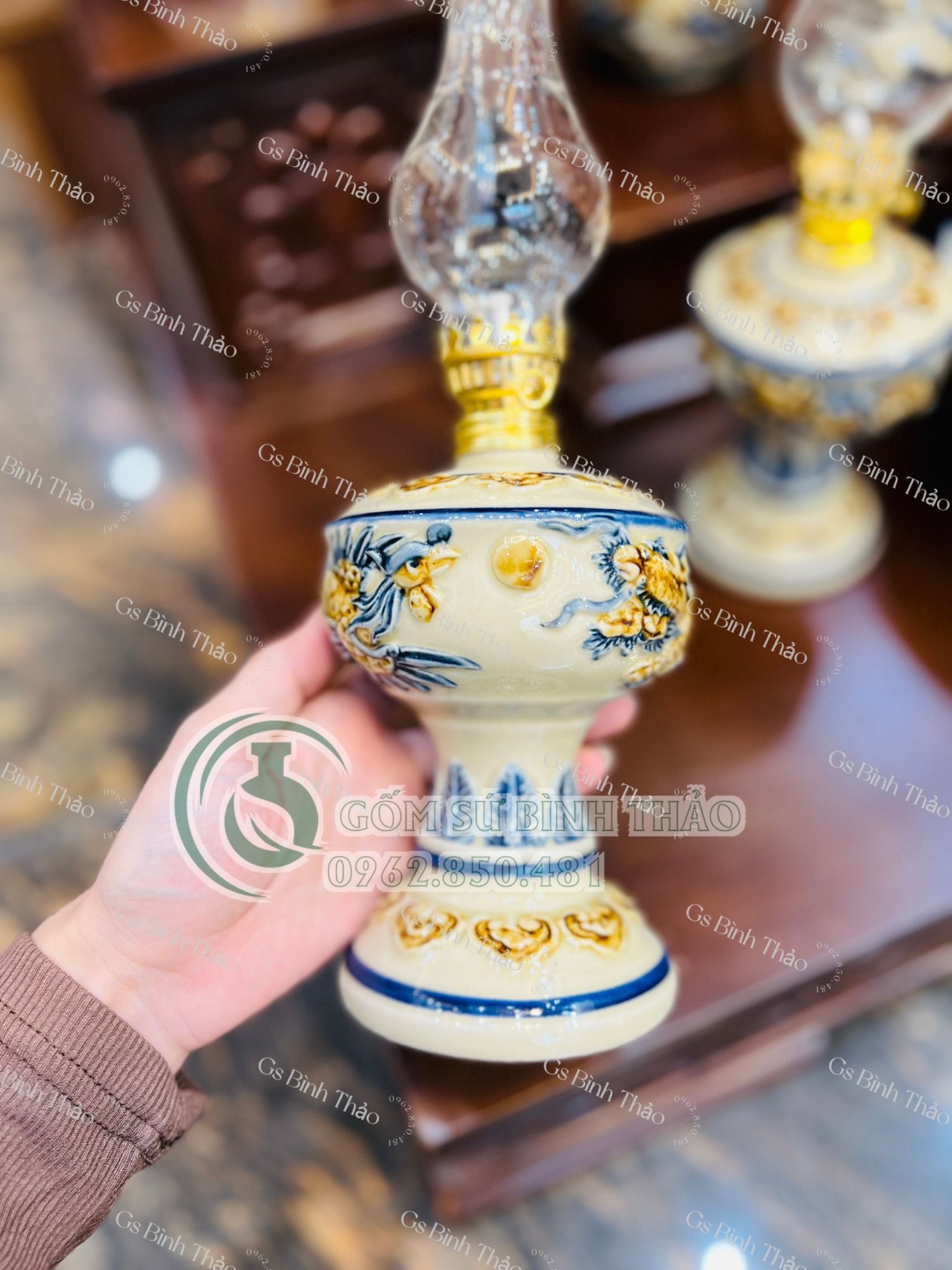 Đồ thờ Gốm sứ Bát Tràng Cao cấp Men Hoàng Thổ đắp nổi - Hàng Nghệ nhân HTDM11