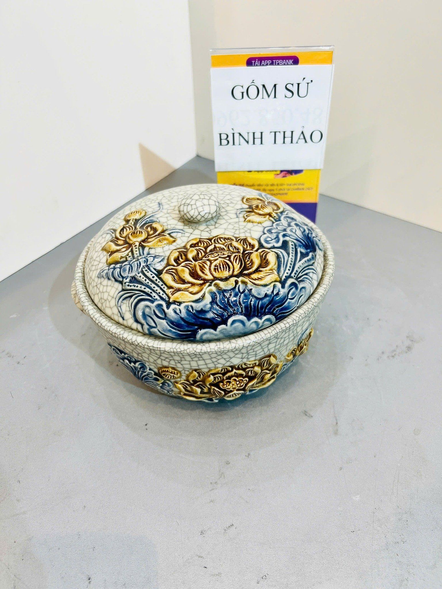Bộ bát đĩa cúng / Bộ mặt trời men rạn nổi - Liên hoa cát tường DAV