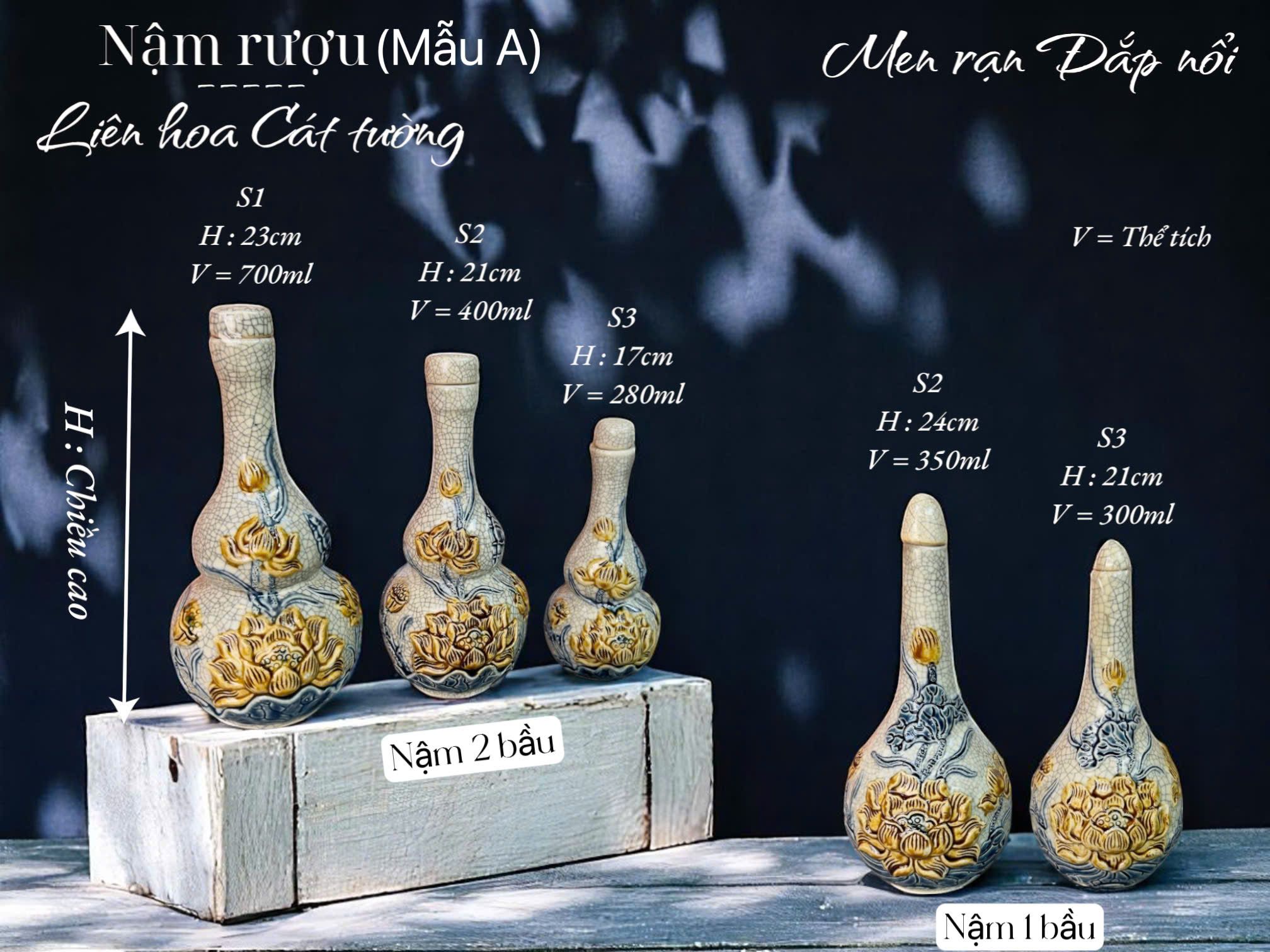 Nậm rượu 2 bầu Sen Men rạn đắp nổi PA