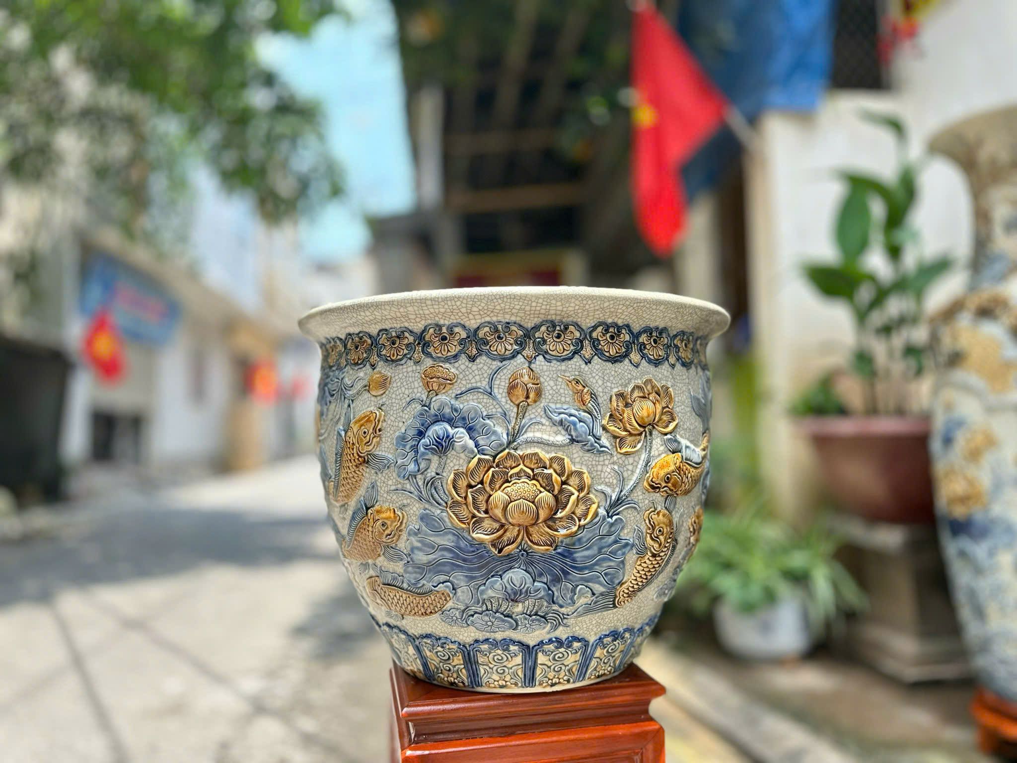 Cặp Thống Cửu ngư Liên Hoa Men rạn đắp nổi tinh xảo gốm sứ Bát Tràng MRDAV