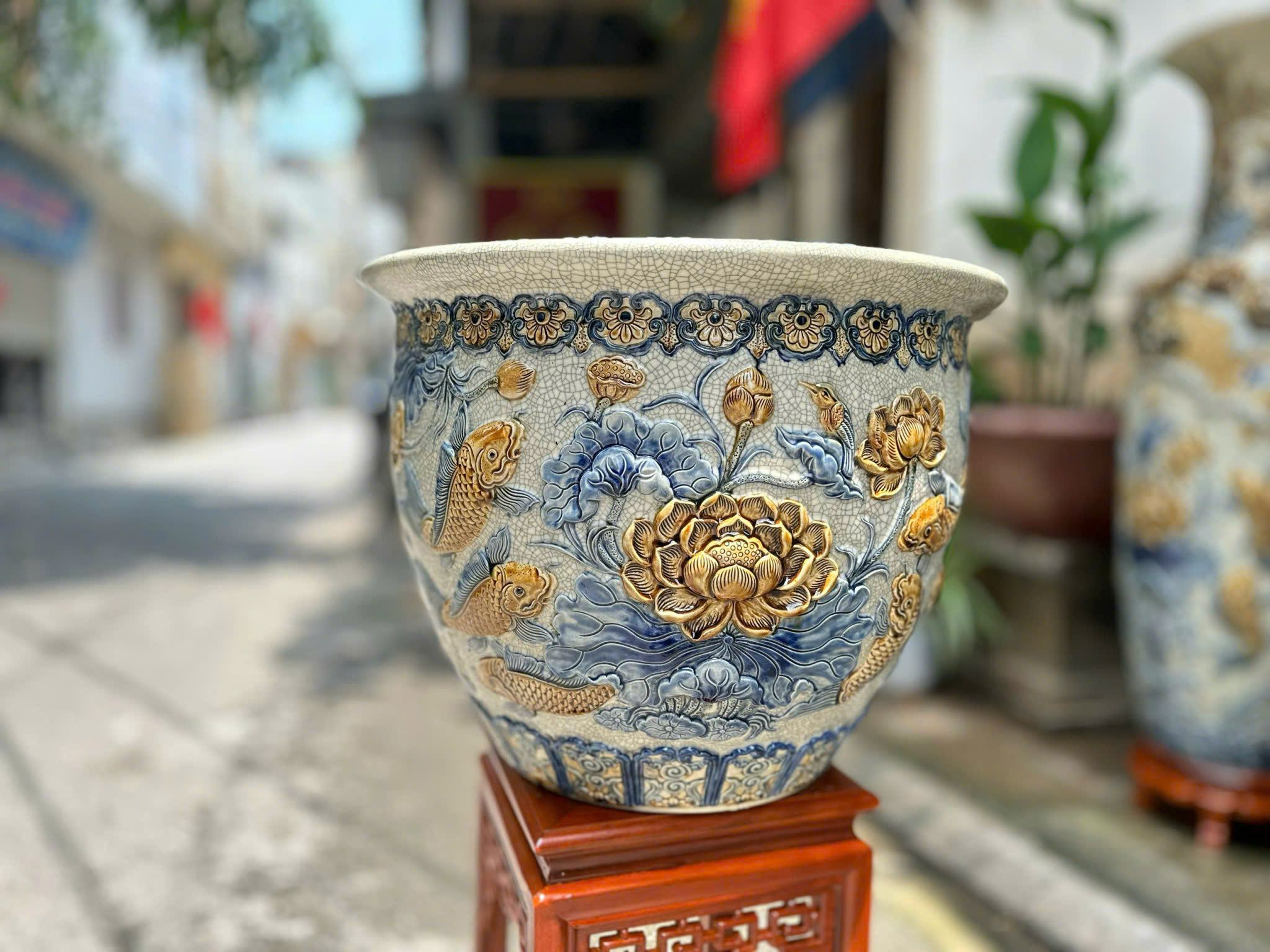 Cặp Thống Cửu ngư Liên Hoa Men rạn đắp nổi tinh xảo gốm sứ Bát Tràng MRDAV