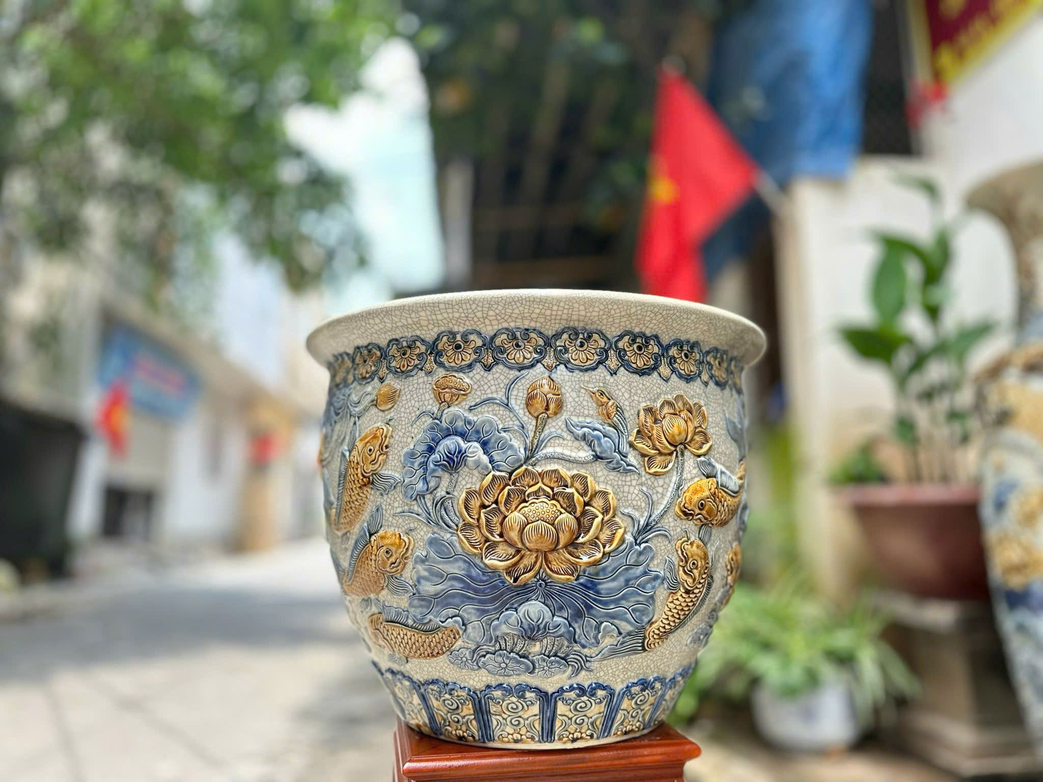 Cặp Thống Cửu ngư Liên Hoa Men rạn đắp nổi tinh xảo gốm sứ Bát Tràng MRDAV