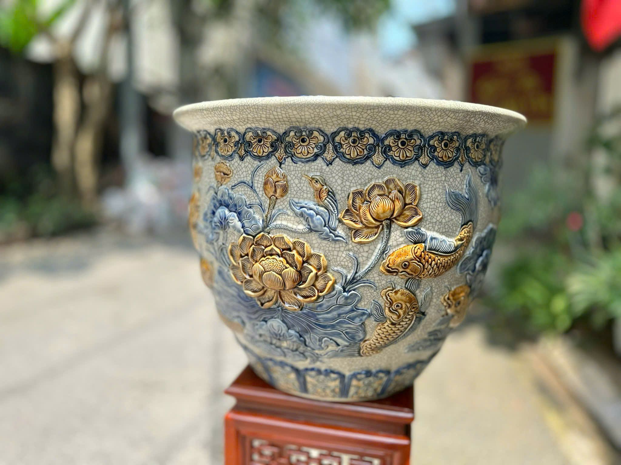 Cặp Thống Cửu ngư Liên Hoa Men rạn đắp nổi tinh xảo gốm sứ Bát Tràng MRDAV