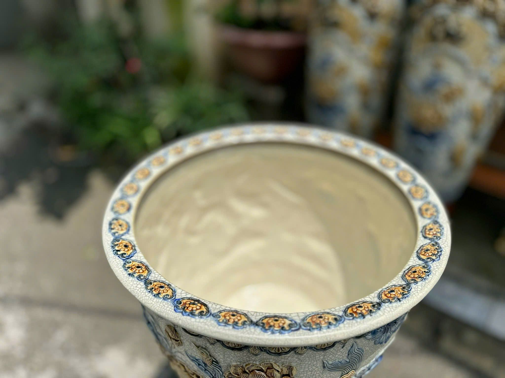 Cặp Thống Cửu ngư Liên Hoa Men rạn đắp nổi tinh xảo gốm sứ Bát Tràng MRDAV