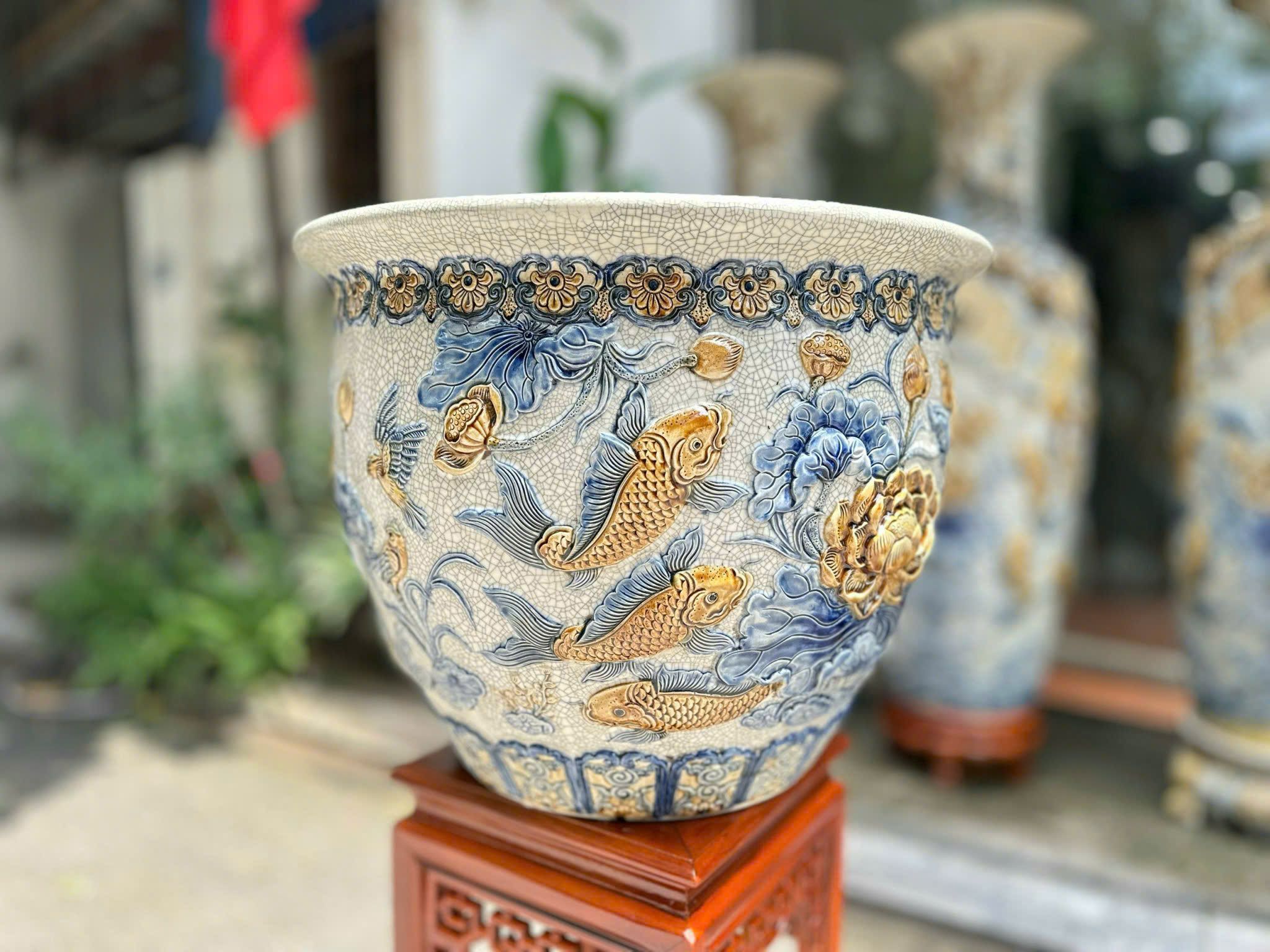 Cặp Thống Cửu ngư Liên Hoa Men rạn đắp nổi tinh xảo gốm sứ Bát Tràng MRDAV