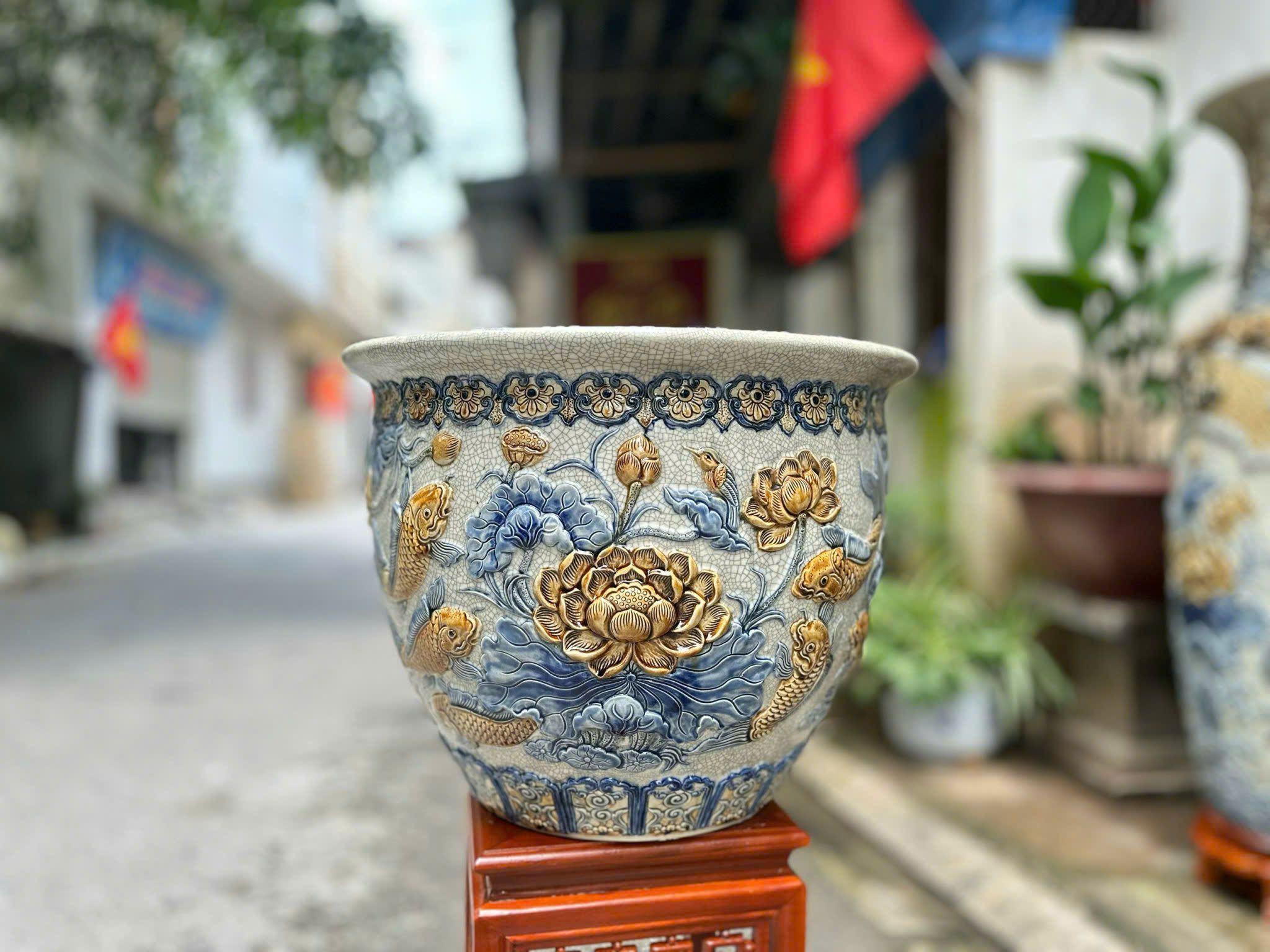 Cặp Thống Cửu ngư Liên Hoa Men rạn đắp nổi tinh xảo gốm sứ Bát Tràng MRDAV