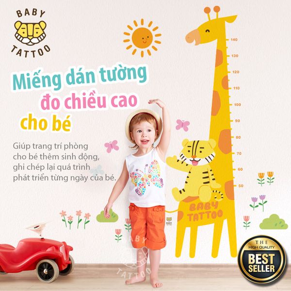  BABY TATTOO Miếng Dán Tường Đo Chiều Cao Hình Con Hổ Và Hươu Cao Cổ Dễ Thương, Trang Trí Phòng Cho Bé 